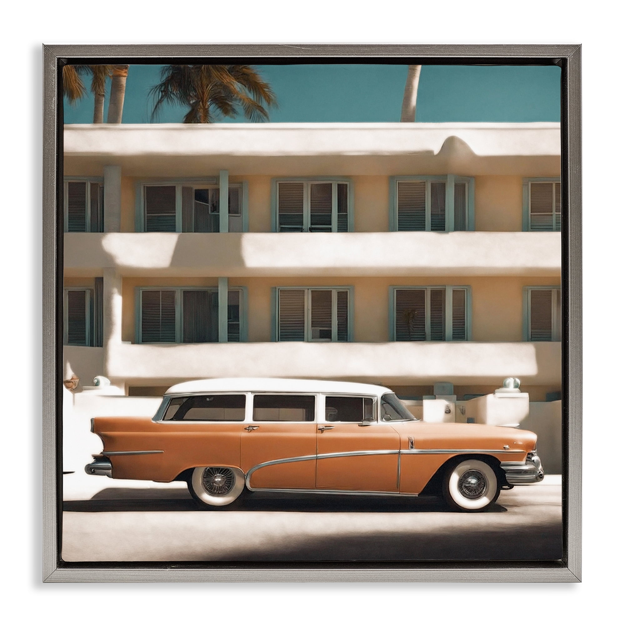 Stupell Industries Antique Car in Miami Transportation Painting Gray Floater Framed Canvas Art Print Wall Art, 18 x 18