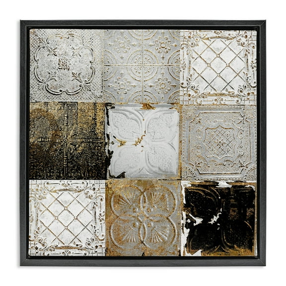 Stupell Industries Antique Ceiling Tile Collage Botanical & Floral Photography Black Floater Framed Canvas Art Print Wall Art, 18 x 18