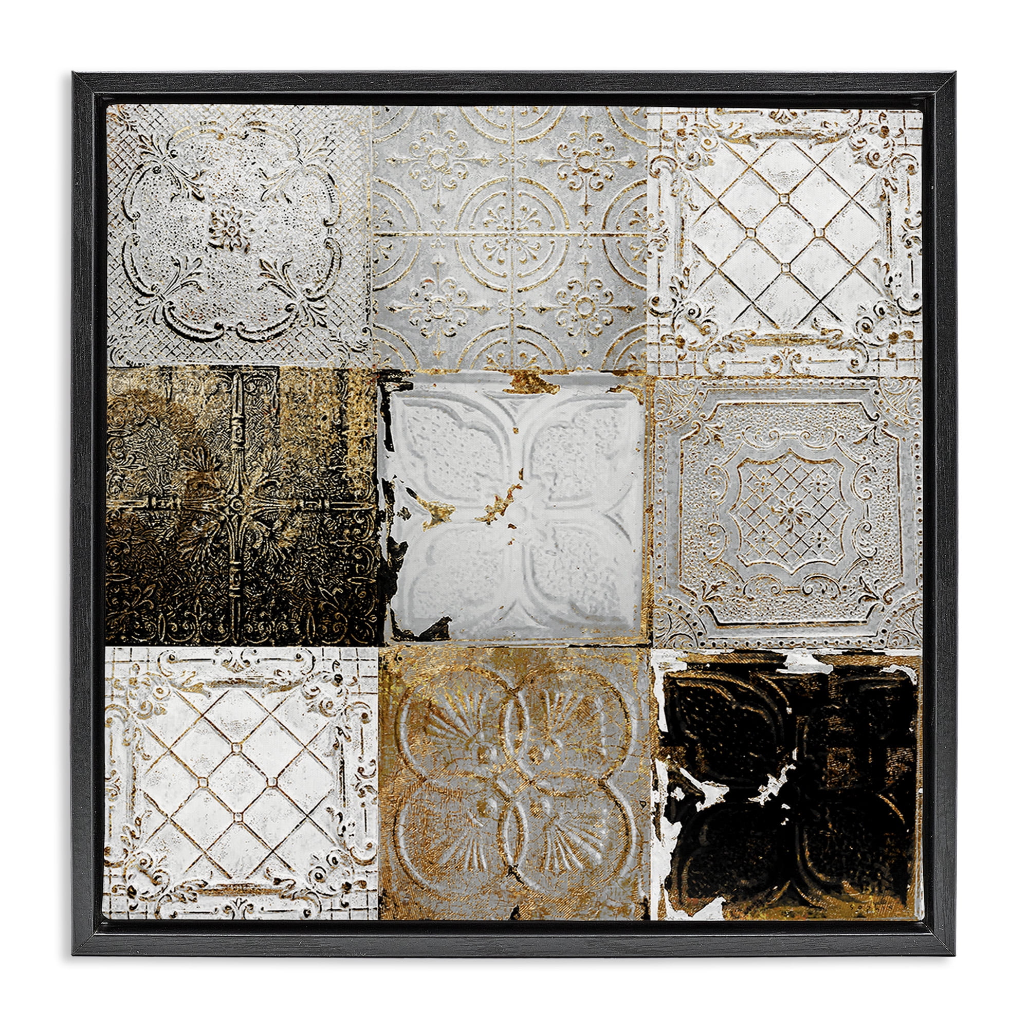 Stupell Industries Antique Ceiling Tile Collage Botanical & Floral Photography Black Floater Framed Canvas Art Print Wall Art, 25 x 25