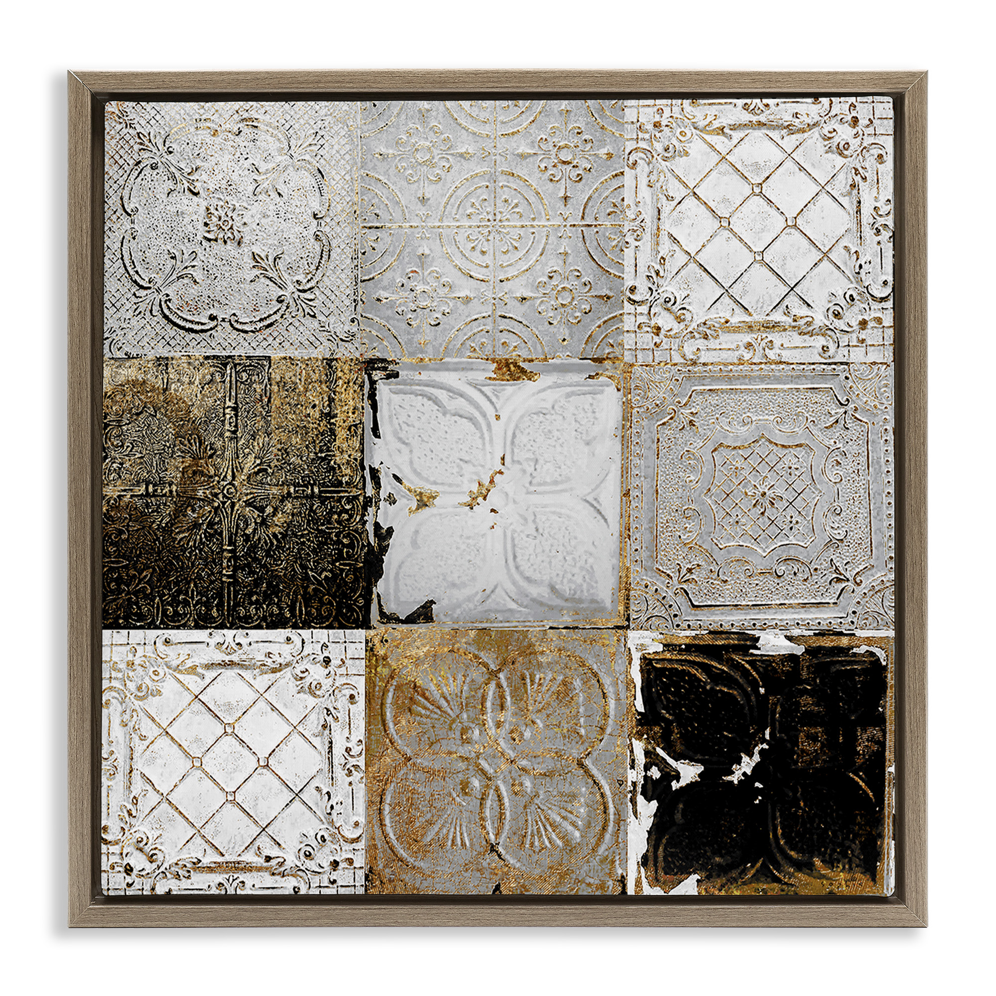 Stupell Industries Antique Ceiling Tile Collage Botanical & Floral Photography Brown Floater Framed Canvas Art Print Wall Art, 25 x 25