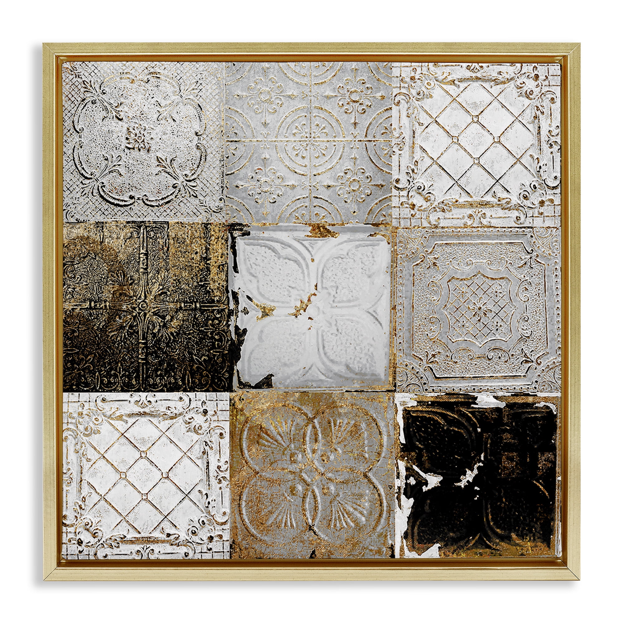 Stupell Industries Antique Ceiling Tile Collage Botanical & Floral Photography Gold Floater Framed Canvas Art Print Wall Art, 25 x 25