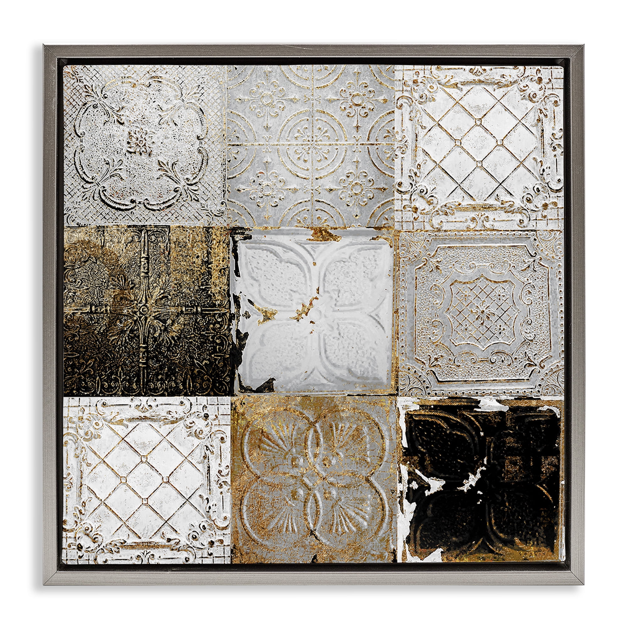 Stupell Industries Antique Ceiling Tile Collage Botanical & Floral Photography Gray Floater Framed Canvas Art Print Wall Art, 18 x 18
