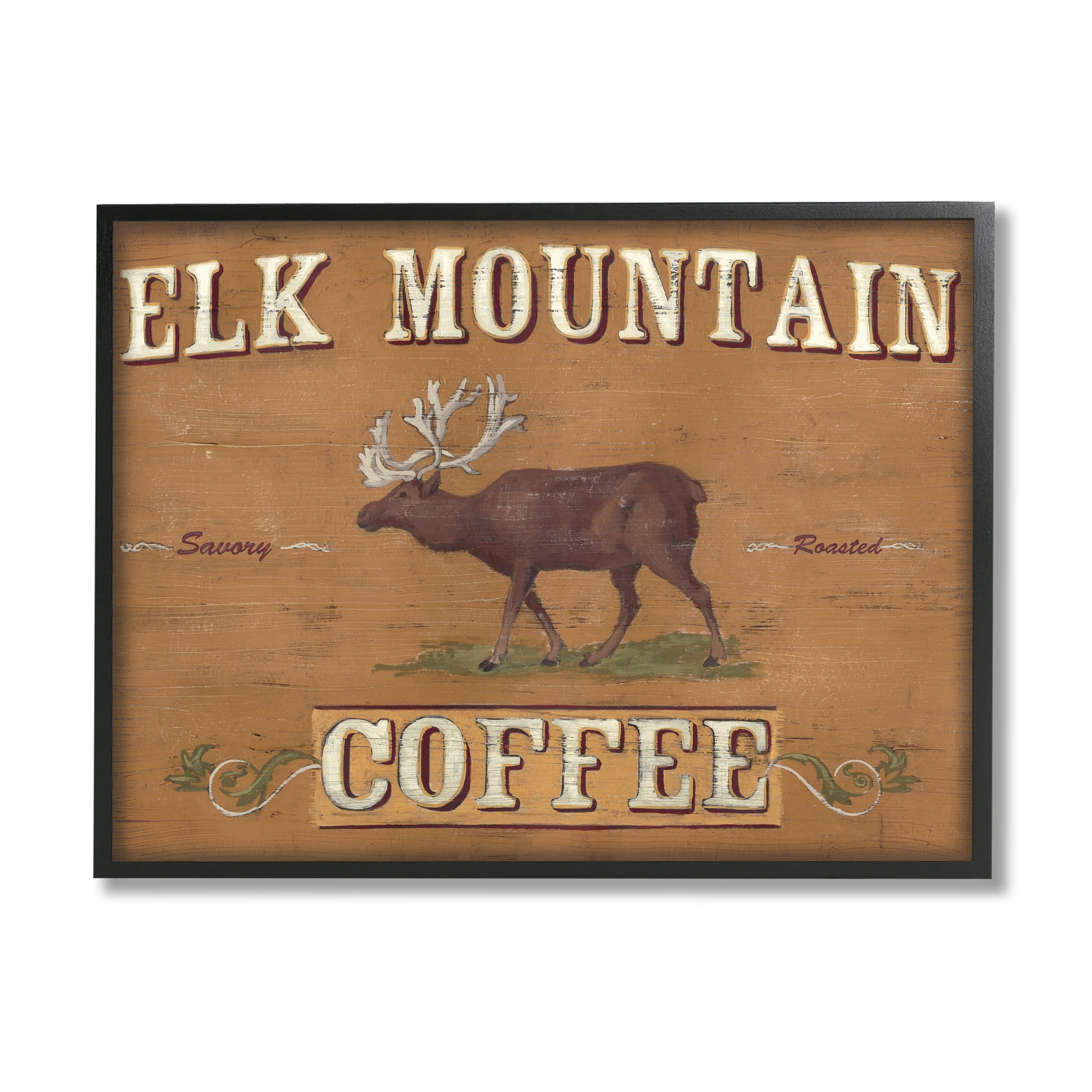 Stupell Industries Antique Elk Mountain Coffee Kitchen Sign Rustic Animal Food & Beverage Painting Black Framed Art Print Wall Art, 24 x 30