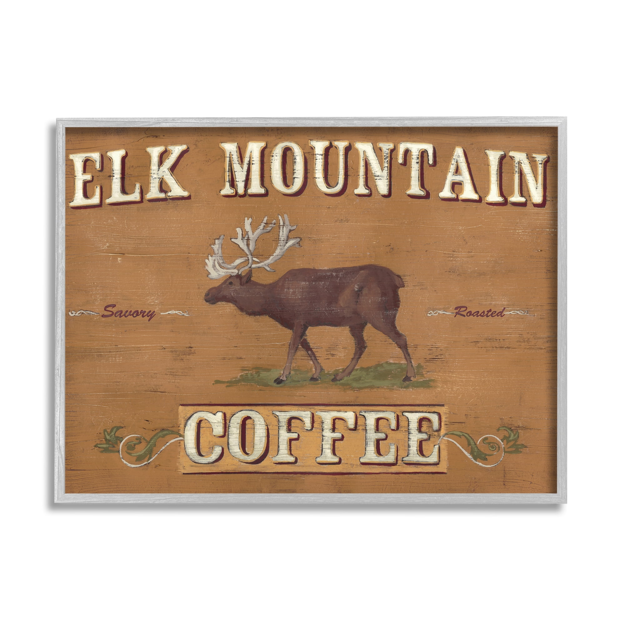Stupell Industries Antique Elk Mountain Coffee Kitchen Sign Rustic Animal Food & Beverage Painting Gray Framed Art Print Wall Art, 16 x 20