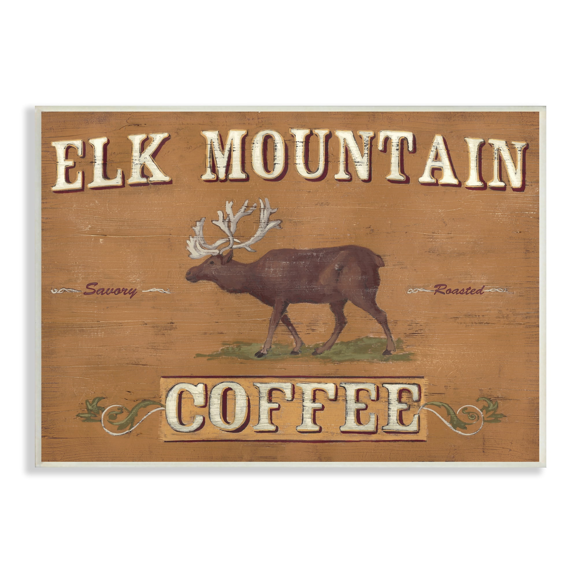 Stupell Industries Antique Elk Mountain Coffee Kitchen Sign Rustic Animal Food & Beverage Painting Unframed Art Print Wall Art, 13 x 19