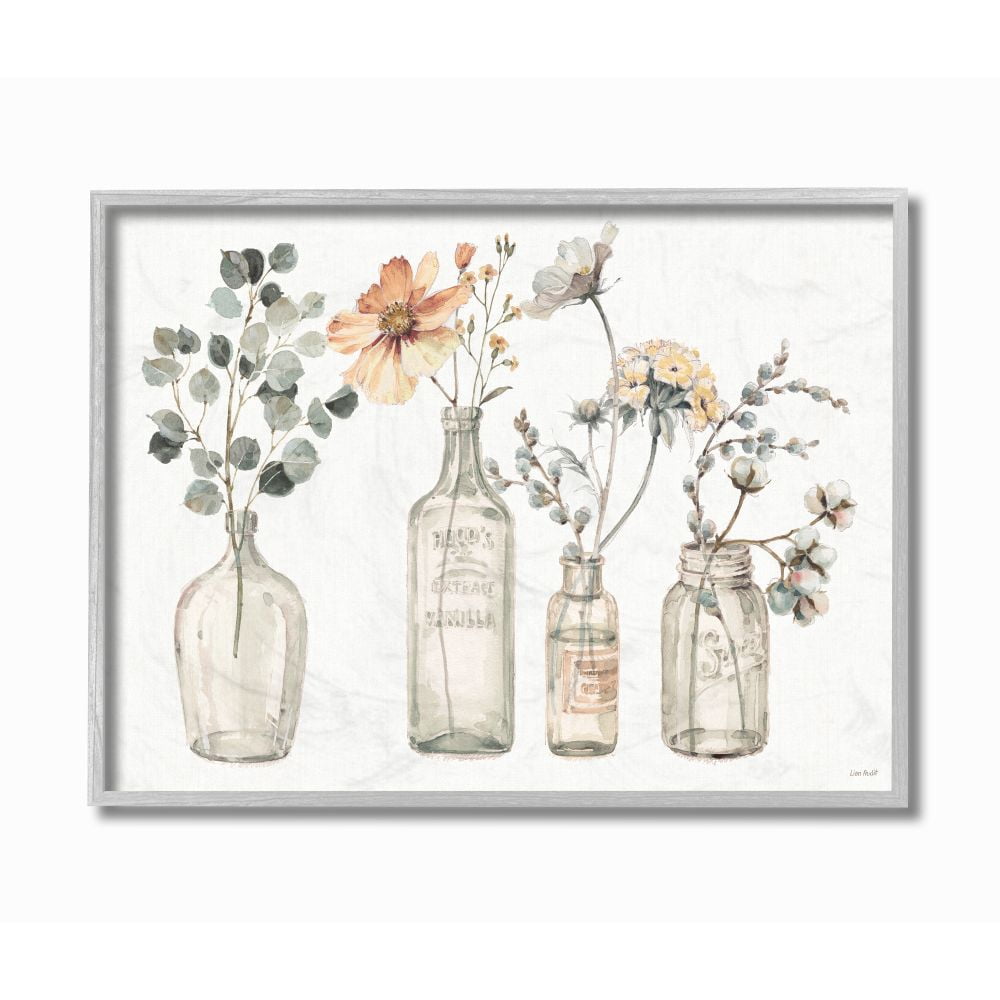 Stupell Industries Antique Floral Bouquets Flowers Glass Jar Painting Framed Wall Art Design by Lisa Audit, 11" x 14", Gray Framed