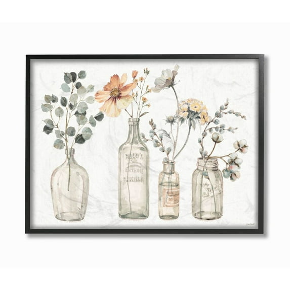 Stupell Industries Antique Floral Bouquets Flowers Glass Jar Painting Framed Wall Art Design by Lisa Audit, 16" x 20", Black Framed