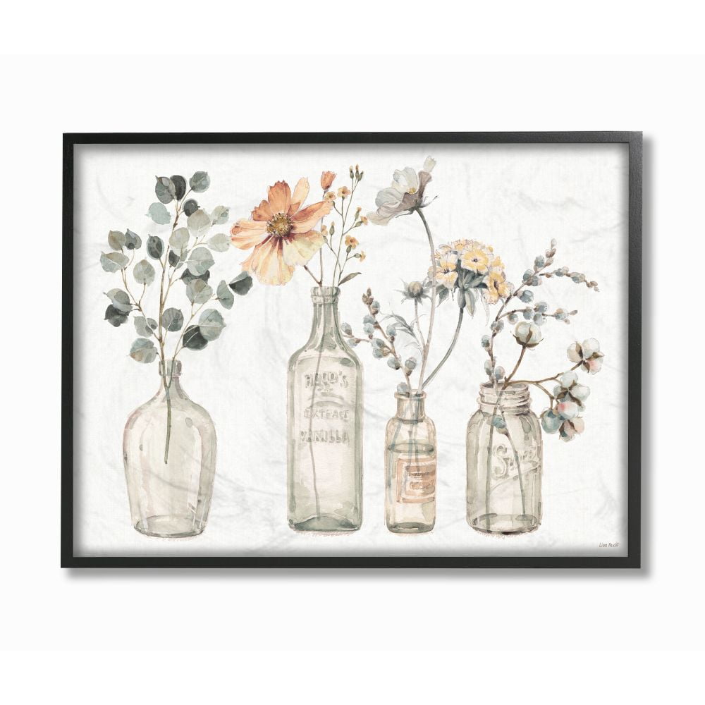 Stupell Industries Antique Floral Bouquets Flowers Glass Jar Painting Framed Wall Art Design by Lisa Audit, 24" x 30", Black Framed
