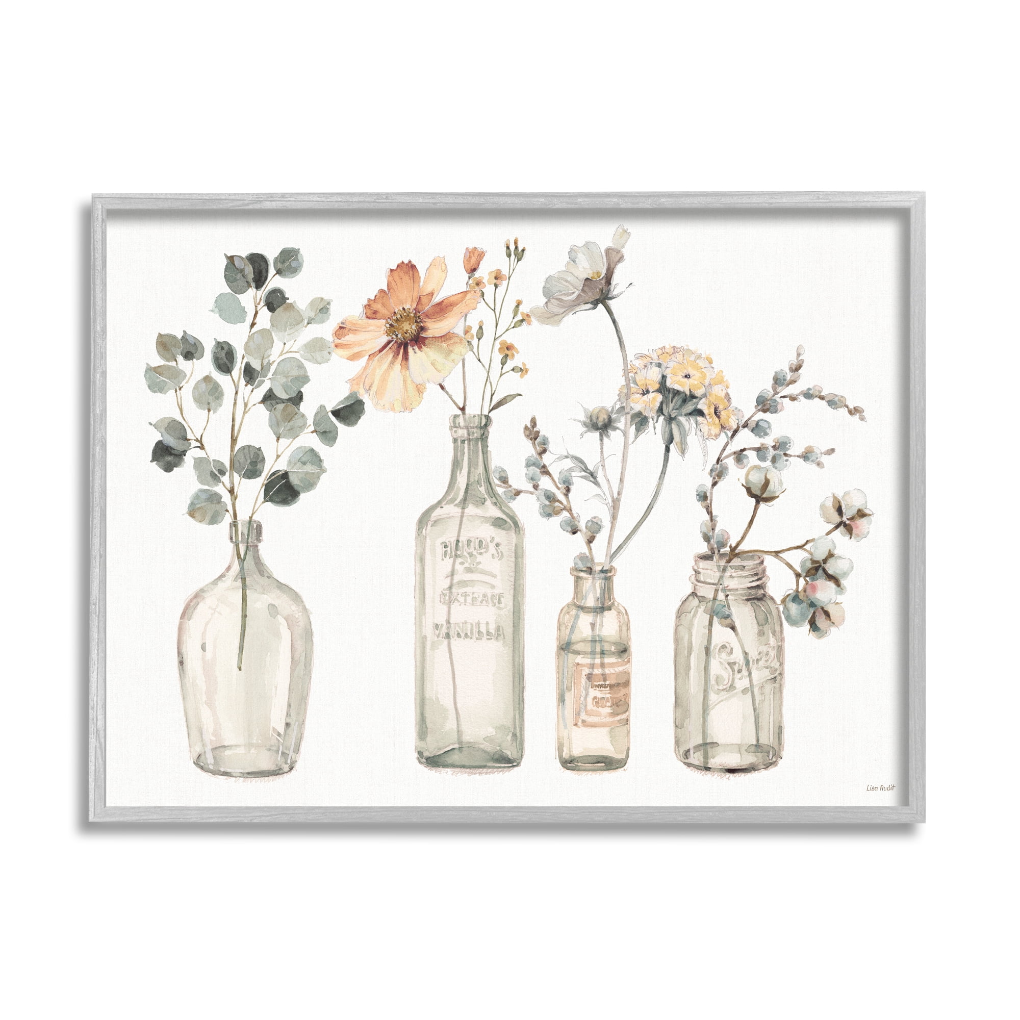 Antique Floral Bouquets in Glass Jars Gray Framed Canvas Print