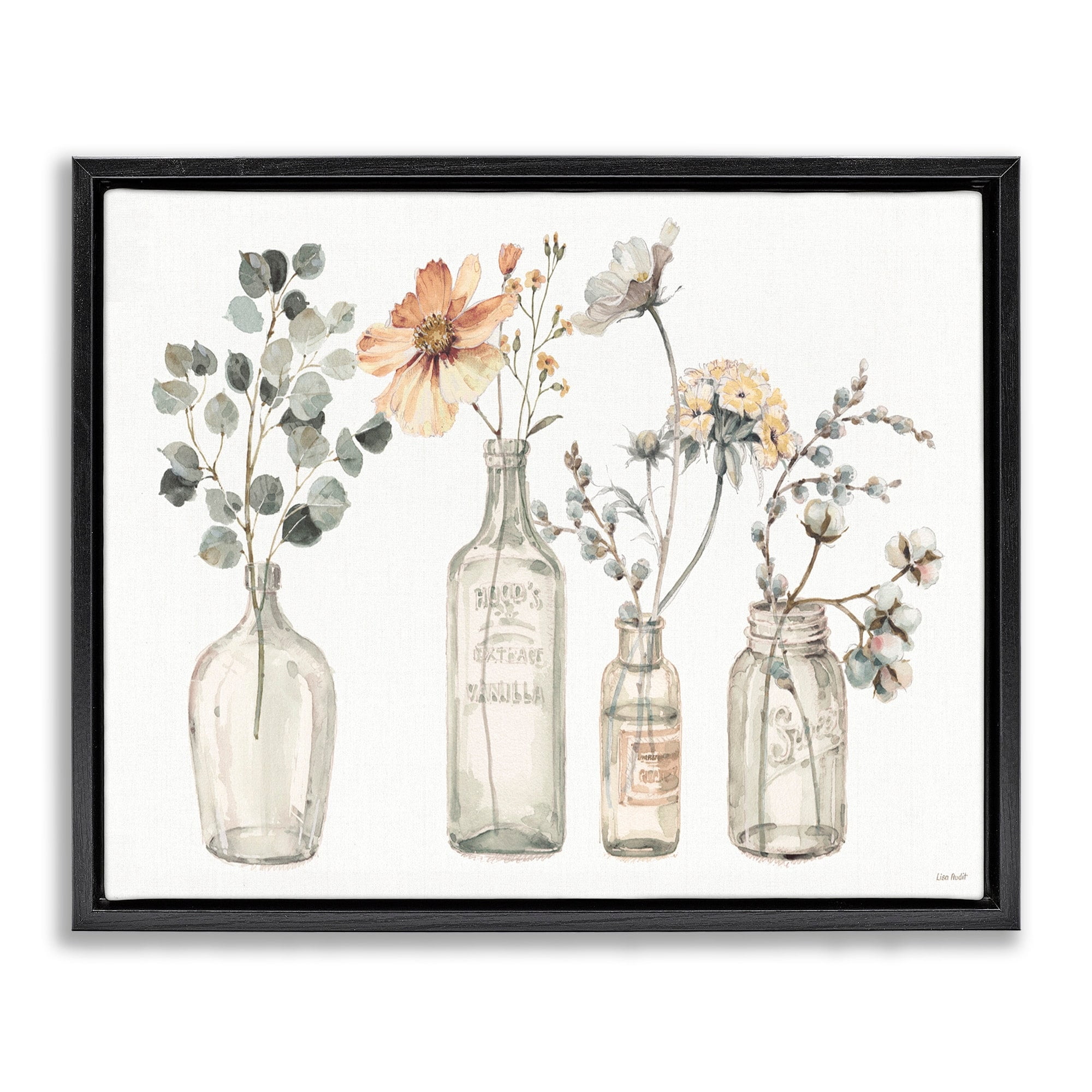 Stupell Industries Antique Floral Bouquets Flowers Glass Jar Painting Jet Black Framed Floating Canvas Wall Art, 24x30, by Lisa Audit