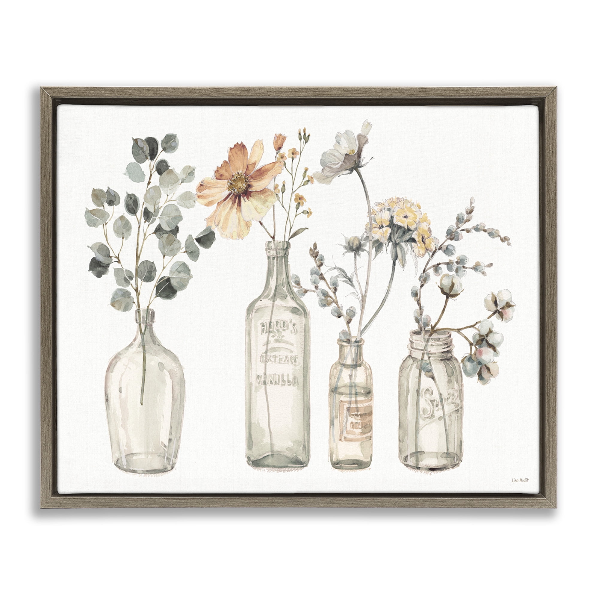 Stupell Industries Antique Floral Bouquets in Jars Botanical & Floral Painting Brown Floater Framed Canvas Art Print Wall Art, 21 x 17