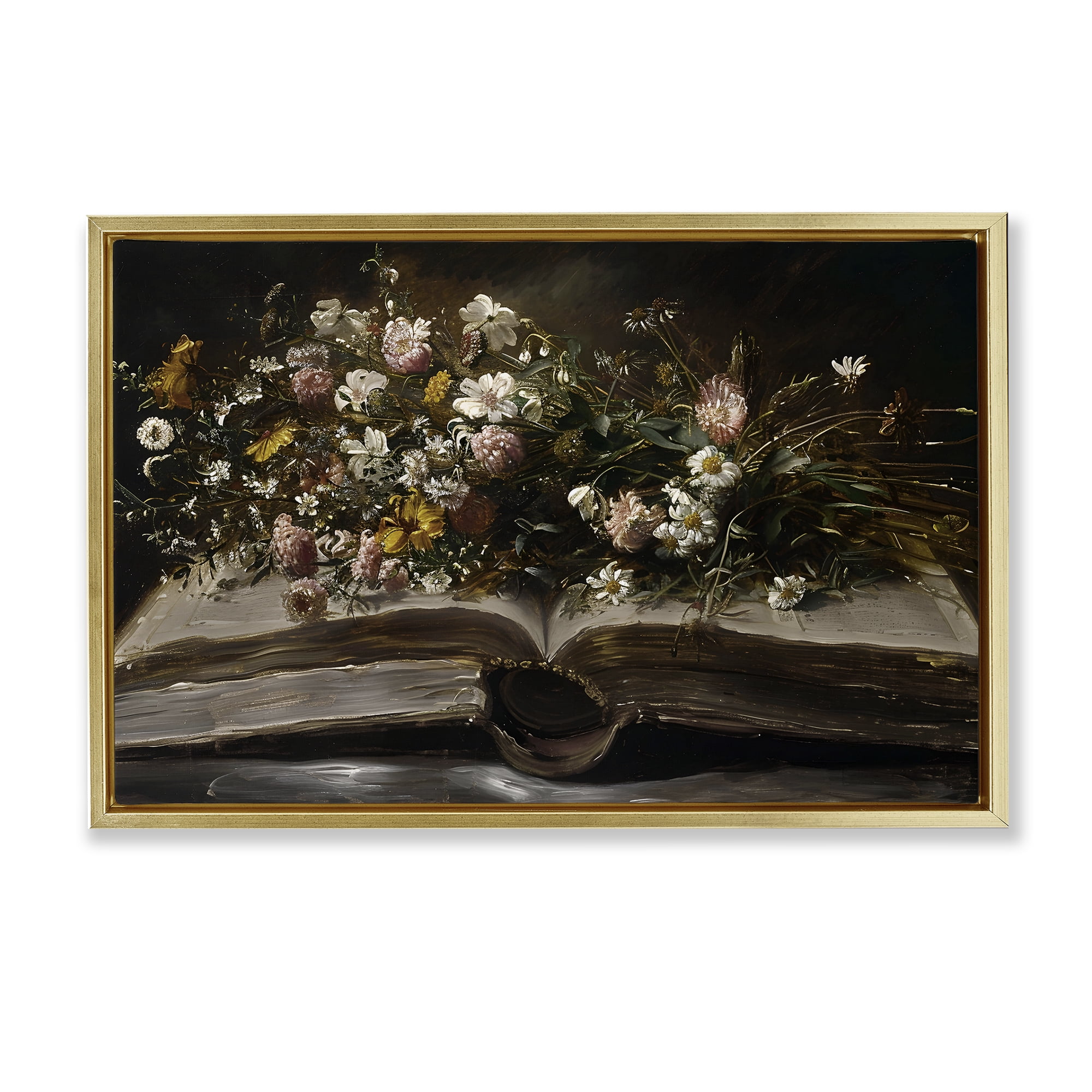 Stupell Industries Antique Floral Open Book Gold Framed Floater Canvas Wall Art, design by Jacky Ngan