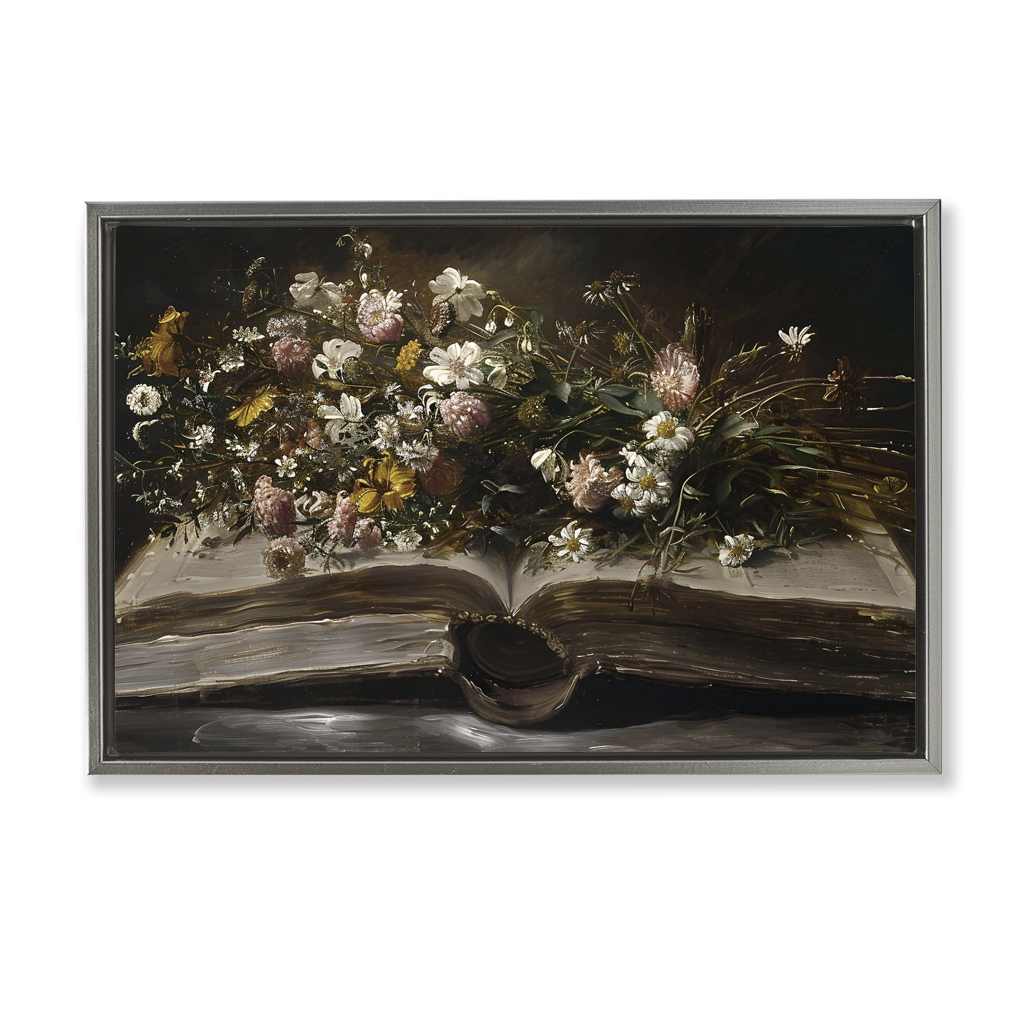 Stupell Industries Antique Floral Open Book Gray Framed Floater Canvas Wall Art, design by Jacky Ngan