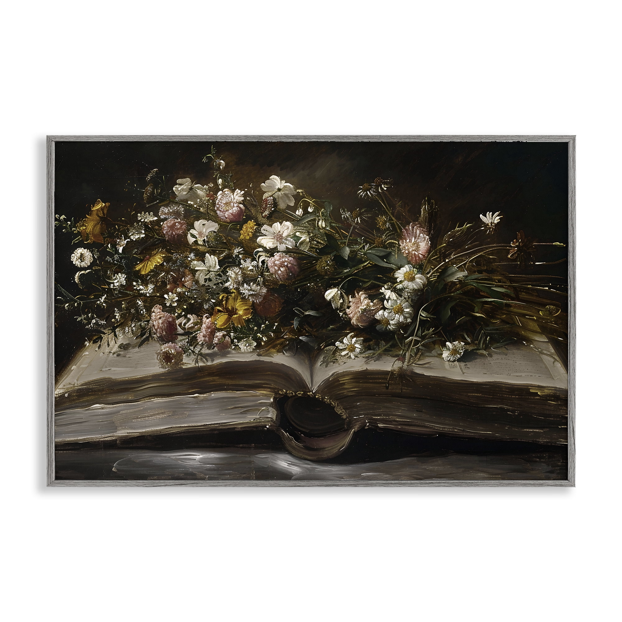 Stupell Industries Antique Floral Open Book Gray Framed Giclee Art, design by Jacky Ngan