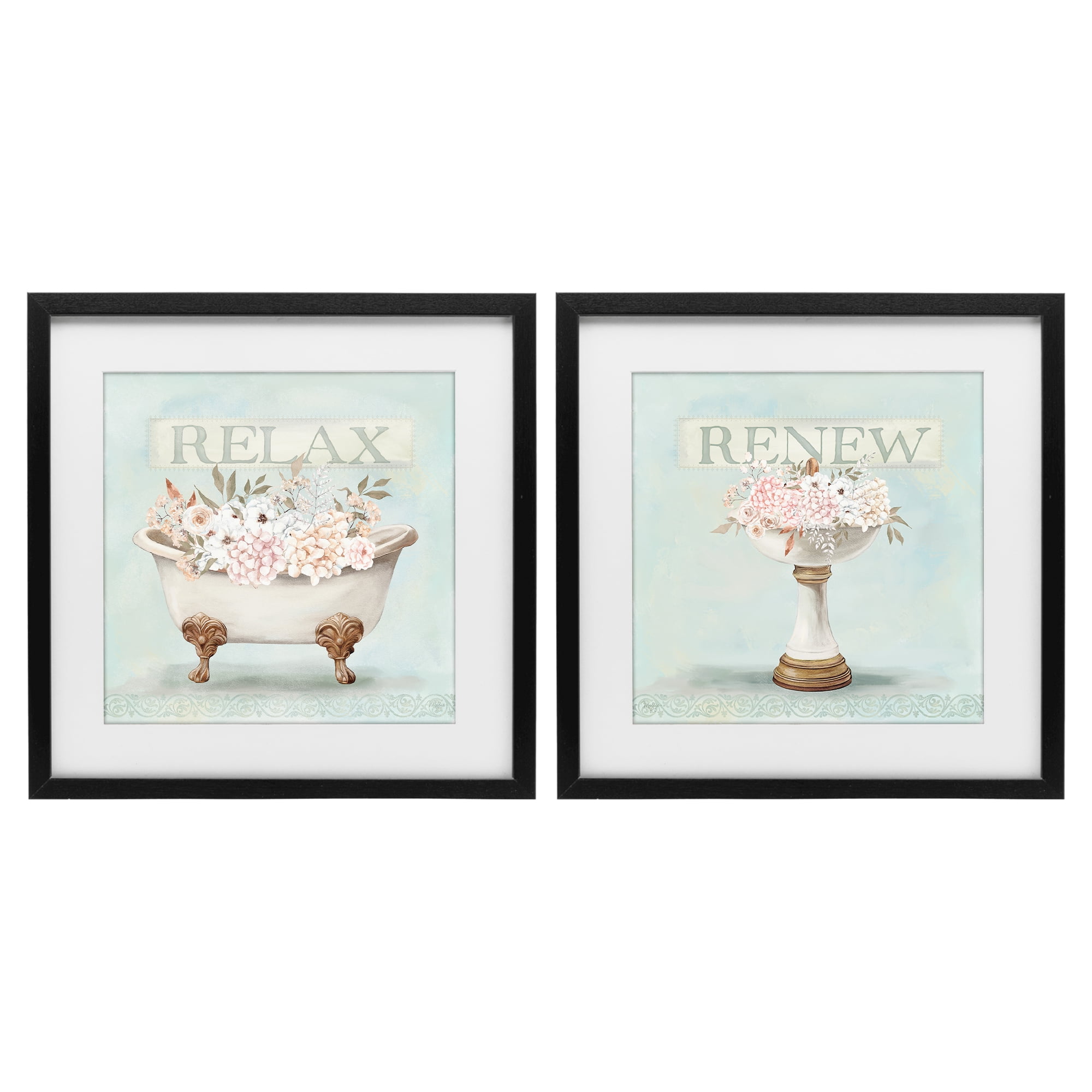 Stupell Industries Antique Florals Relax Renew 2 Piece Black Framed Print Under Glass Set, design by Mollie B.