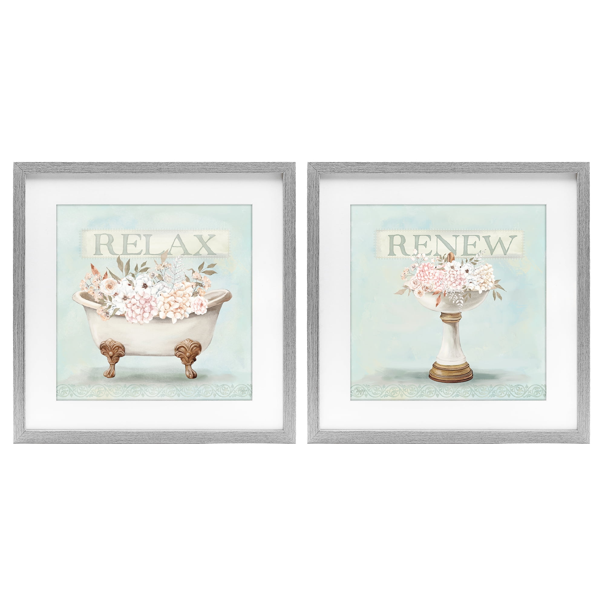 Stupell Industries Antique Florals Relax Renew 2 Piece Gray Framed Print Under Glass Set, design by Mollie B.