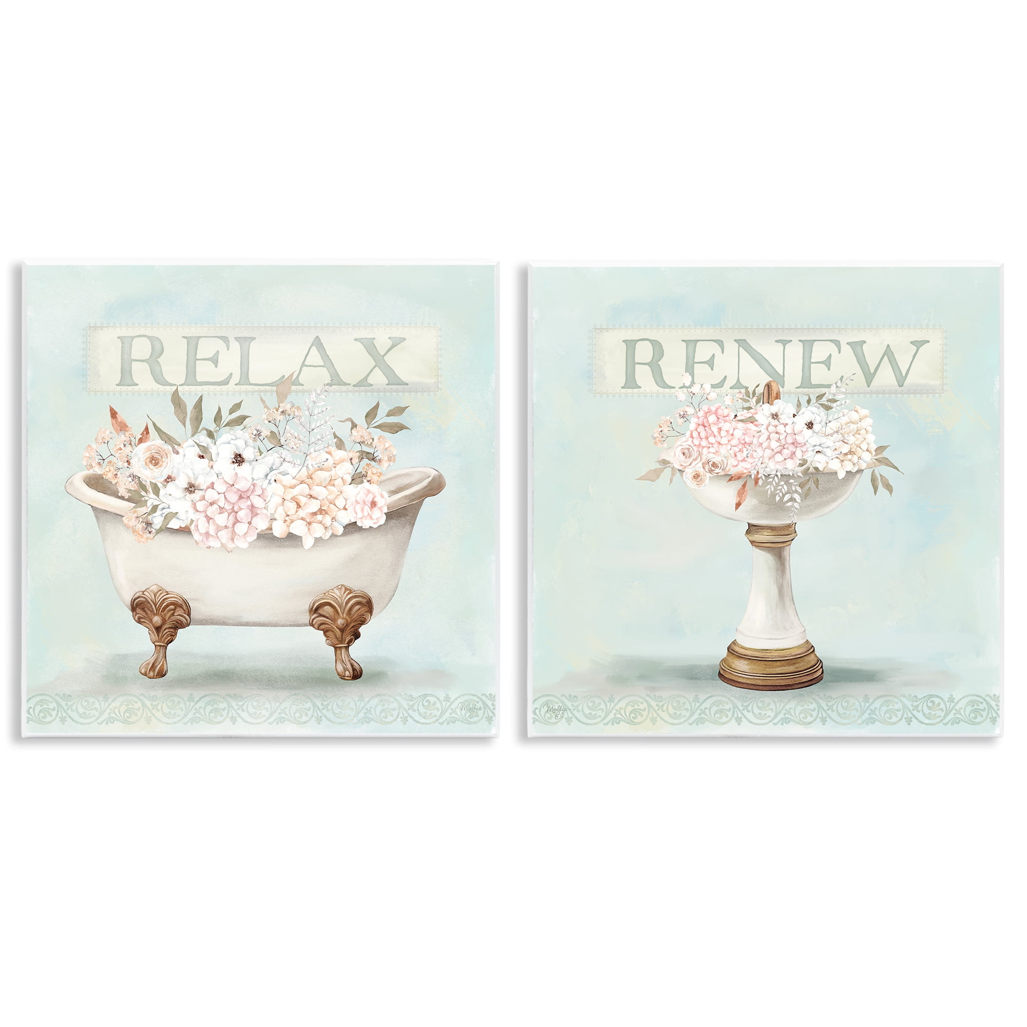 Stupell Industries Antique Florals Relax Renew 2 Piece Wall Plaque Art Set, design by Mollie B.