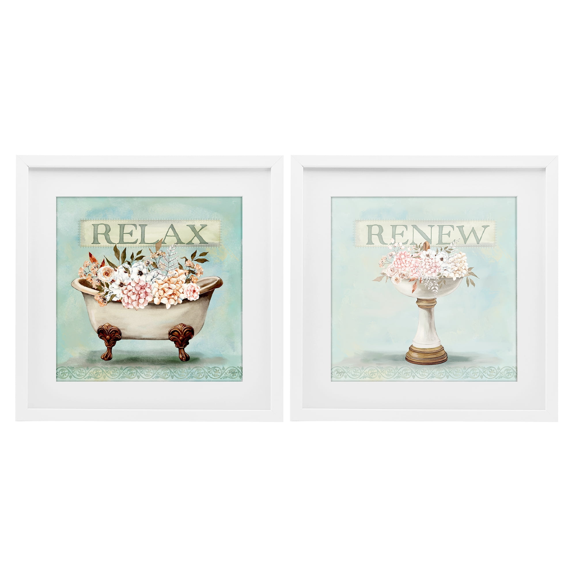 Stupell Industries Antique Florals Relax Renew 2 Piece White Framed Print Under Glass Set, design by Mollie B.