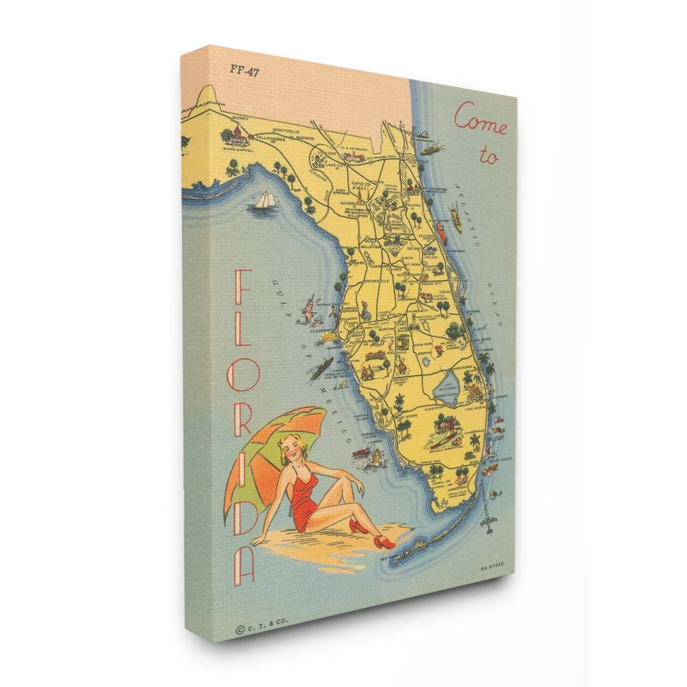 Stupell Industries Antique Florida Map Retro Beach Girl Postcard Print Canvas Wall Art Design by Wild Apple Portfolio, 30" x 40"