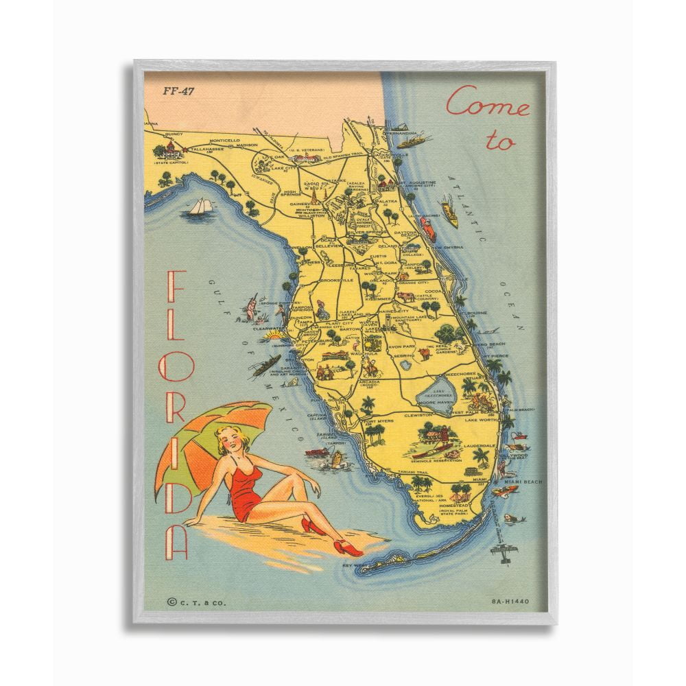 Stupell Industries Antique Florida Map Retro Beach Girl Postcard Print Framed Wall Art Design by Wild Apple Portfolio, 16" x 20", Gray Framed