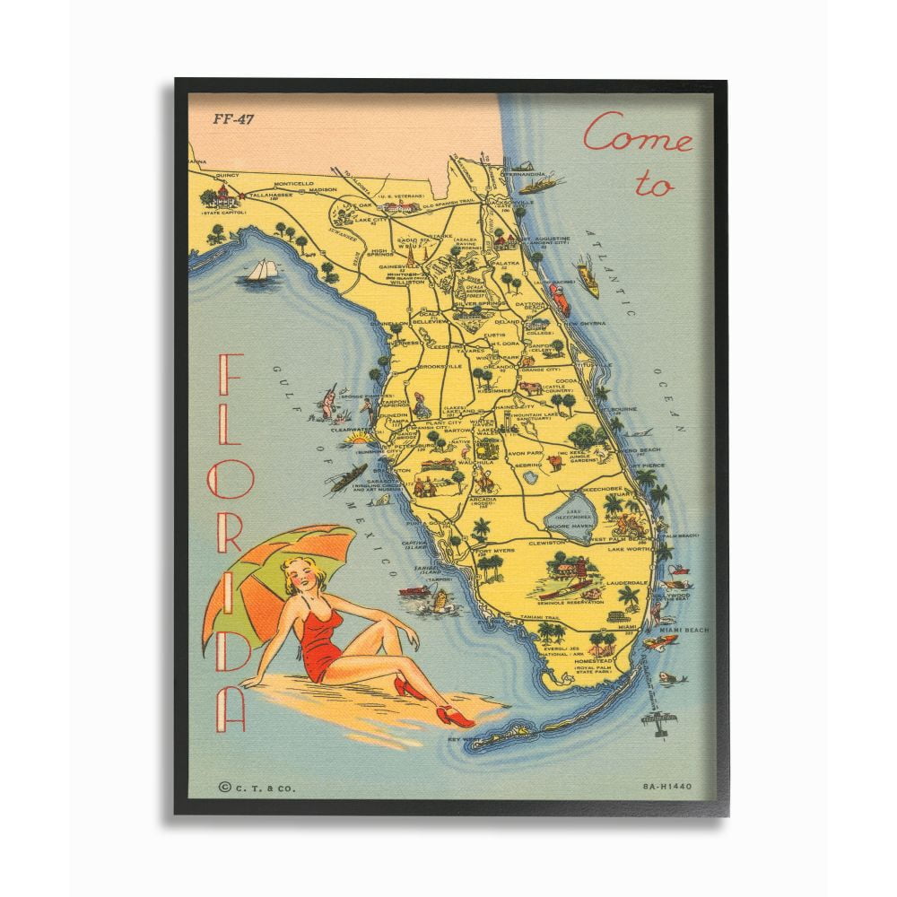 Stupell Industries Antique Florida Map Retro Beach Girl Postcard Print Framed Wall Art Design by Wild Apple Portfolio, 24" x 30", Black Framed