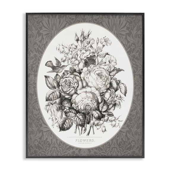 Stupell Industries Antique Flower Bundle on Damask Floral Painting Black Framed Art Print Wall Art, 11 x 14