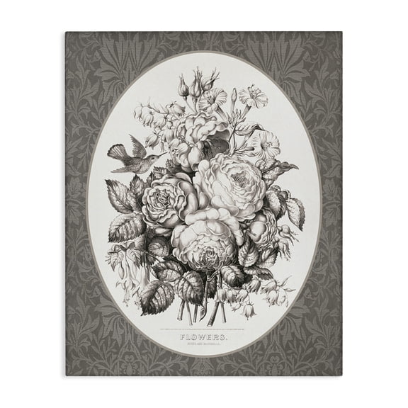 Stupell Industries Antique Flower Bundle on Damask Floral Painting Wrapped Canvas Canvas Art Print Wall Art, 16 x 20