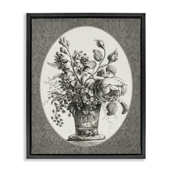 Stupell Industries Antique Flower Pot Floral Painting Black Floater Framed Canvas Art Print Wall Art, 17 x 21