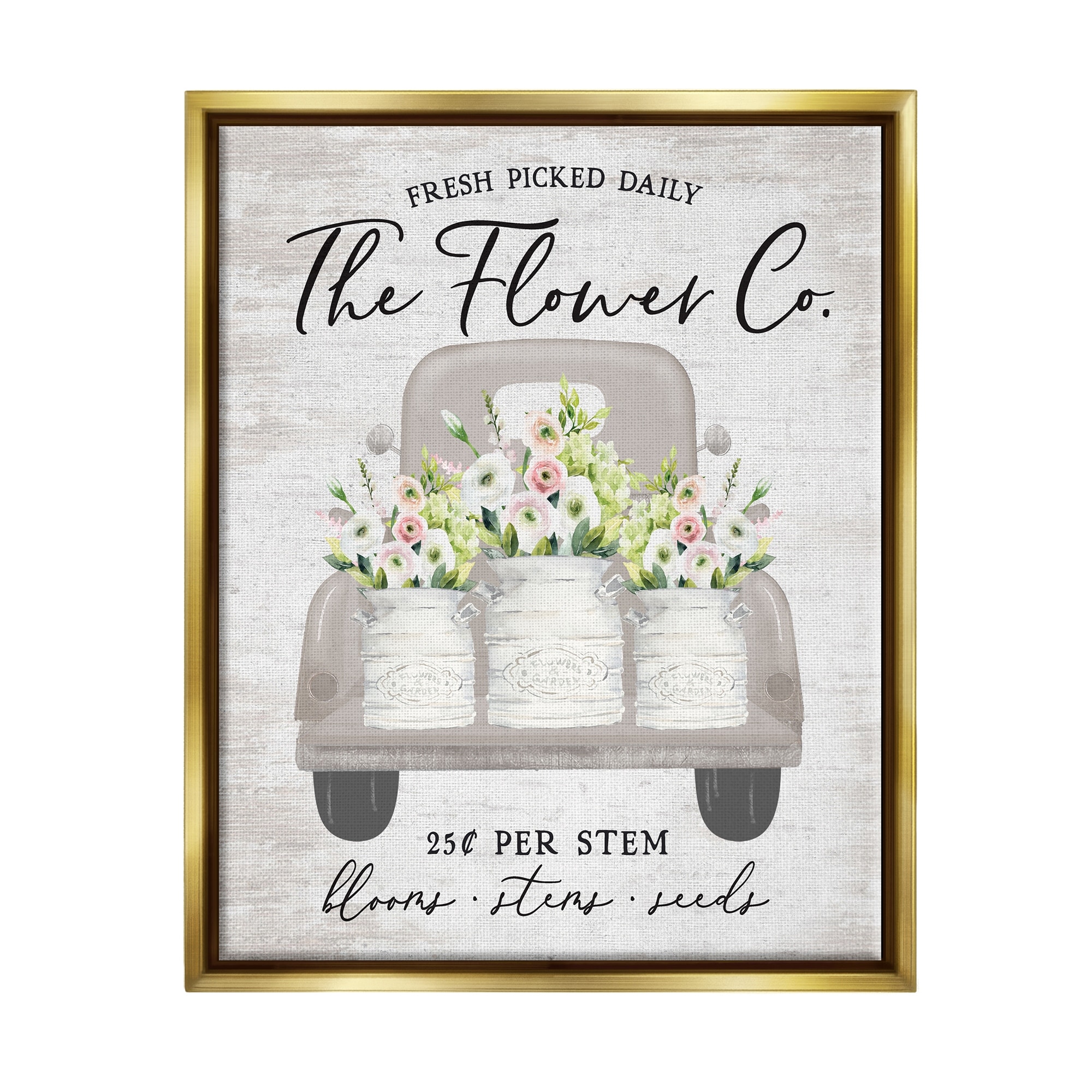 Stupell Industries Antique Flower Sign Vintage Truck Bouquet Blossoms Graphic Art Metallic Gold Floating Framed Canvas Print Wall Art, Design by Lettered and Lined