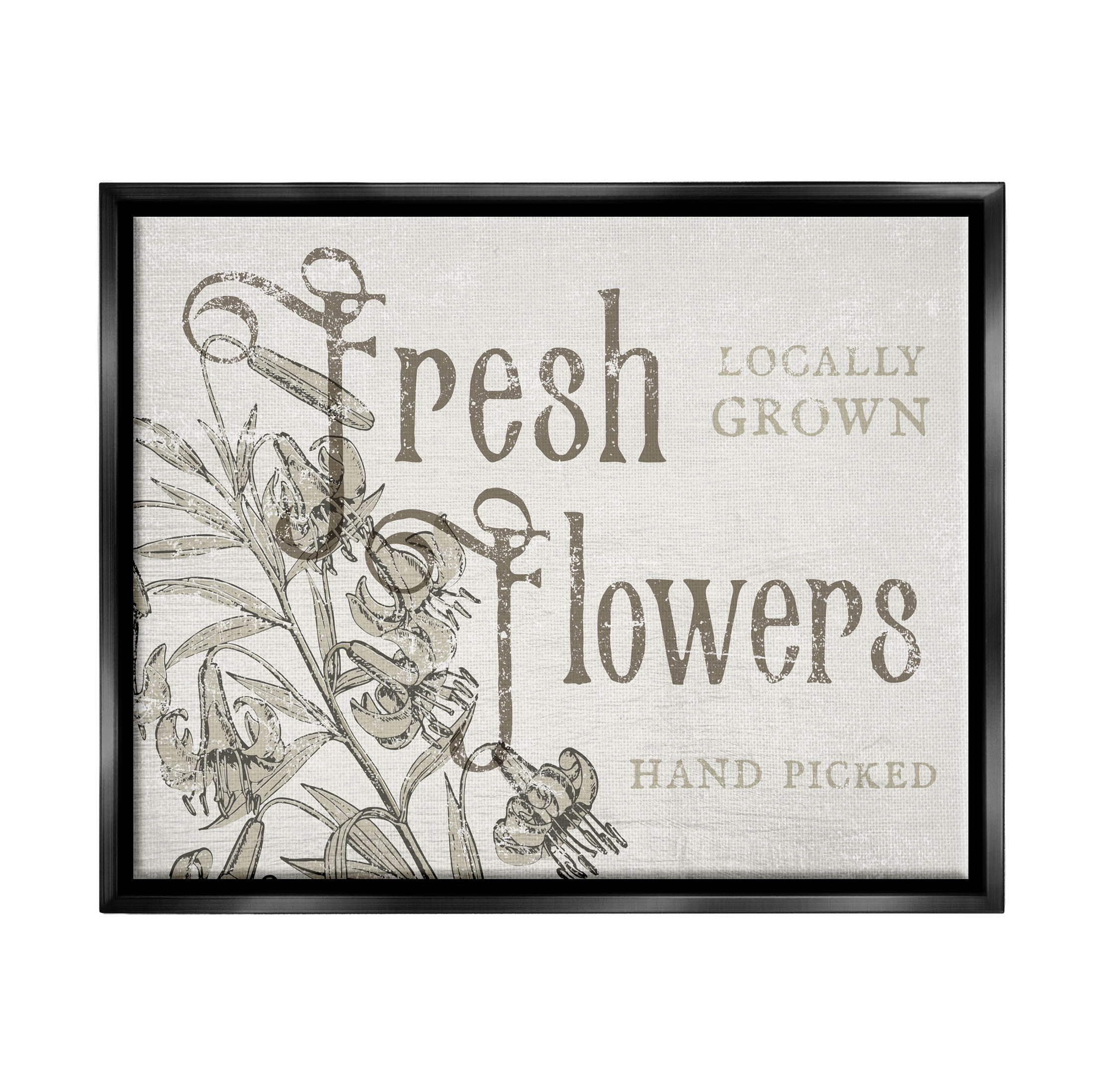 Stupell Industries Antique Fresh Flowers Botanical Signage Graphic Art Jet Black Floating Framed Canvas Print Wall Art, Design by Daphne Polselli