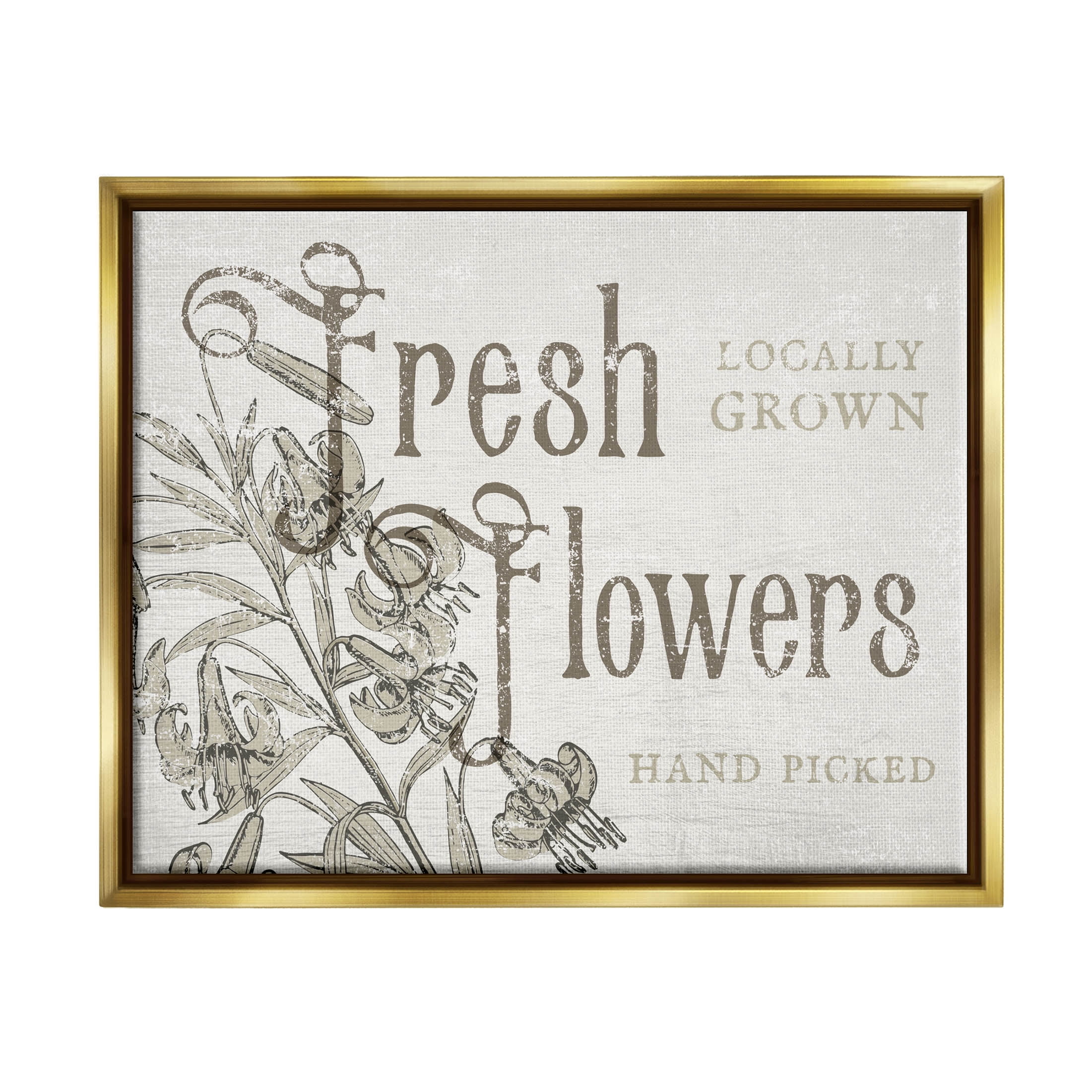 Stupell Industries Antique Fresh Flowers Botanical Signage Graphic Art Metallic Gold Floating Framed Canvas Print Wall Art, Design by Daphne Polselli
