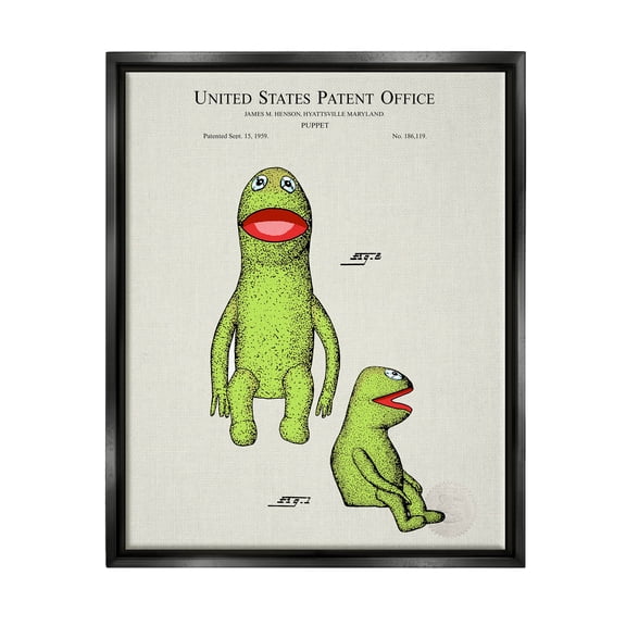 Stupell Industries Antique Frog Character Patent Graphic Art Jet Black Floating Framed Canvas Print Wall Art, Design by Karl Hronek