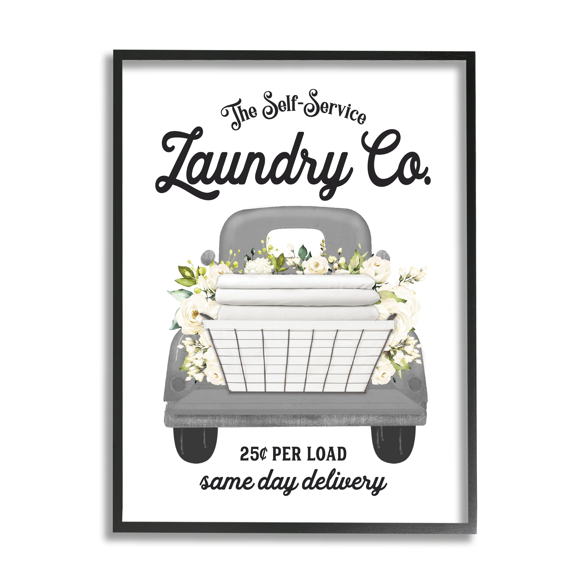 Stupell Industries Antique Laundry Service Truck White Floral Arrangement Graphic Art Black Framed Art Print Wall Art, Design by Lettered and Lined