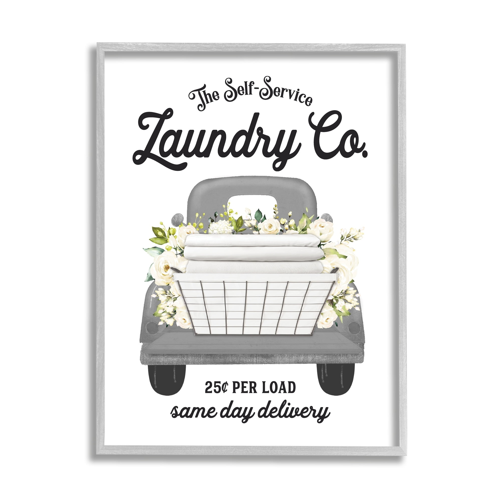 Stupell Industries Antique Laundry Service Truck White Floral Arrangement Graphic Art Gray Framed Art Print Wall Art, Design by Lettered and Lined
