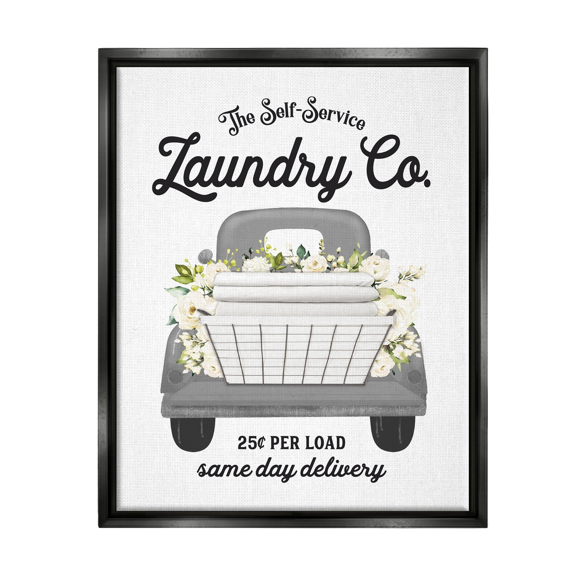 Stupell Industries Antique Laundry Service Truck White Floral Arrangement Graphic Art Jet Black Floating Framed Canvas Print Wall Art, Design by Lettered and Lined