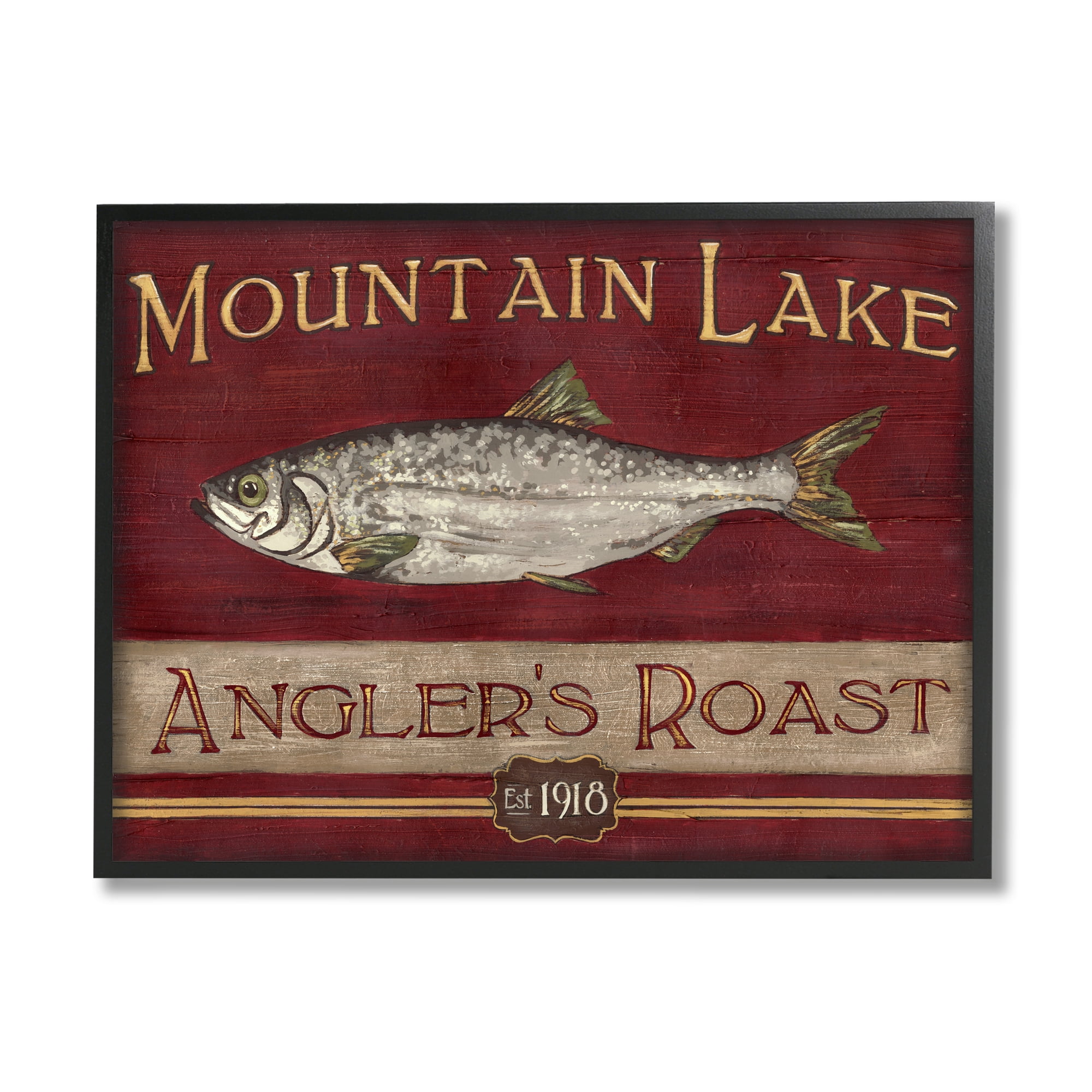 Stupell Industries Antique Mountain Lake Fisherman Sign Angler's Roast Food & Beverage Painting Black Framed Art Print Wall Art, 16 x 20