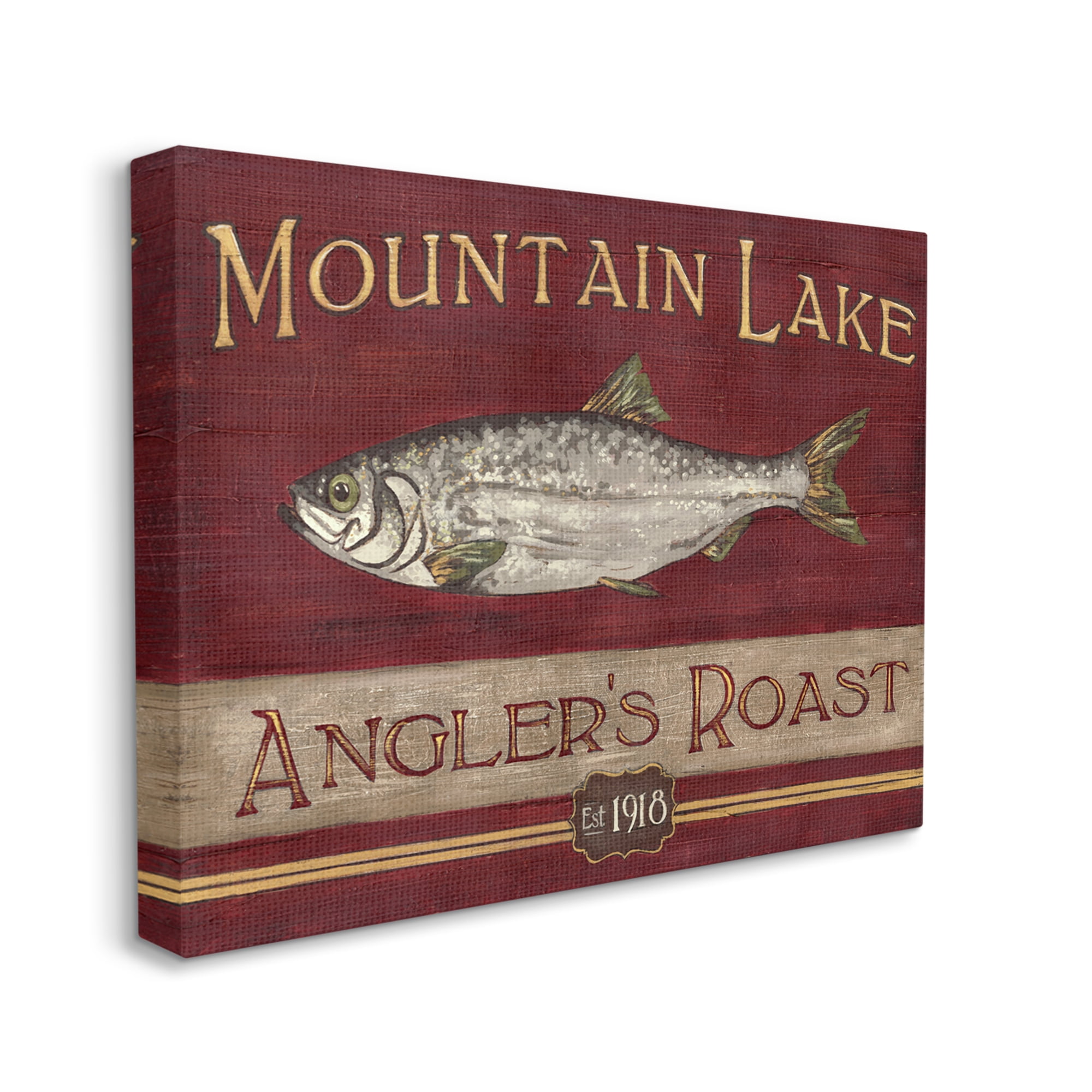 Stupell Industries Antique Mountain Lake Fisherman Sign Angler's Roast Food & Beverage Painting Gallery Wrapped Canvas Print Wall Art, 24 x 30