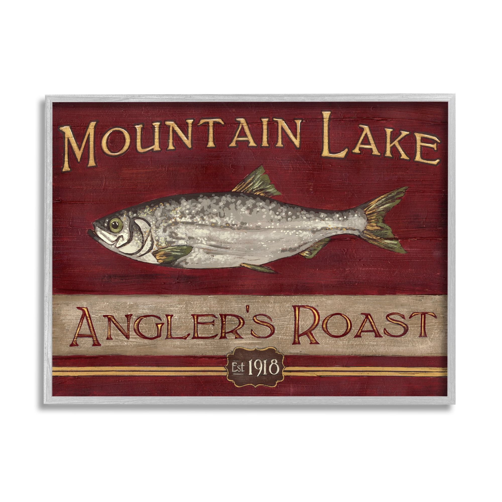 Stupell Industries Antique Mountain Lake Fisherman Sign Angler's Roast Food & Beverage Painting Gray Framed Art Print Wall Art, 16 x 20