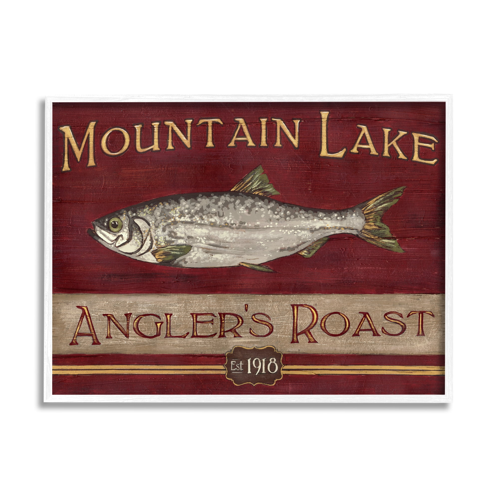 Stupell Industries Antique Mountain Lake Fisherman Sign Angler's Roast Modern Painting White framed Art Print Wall Art, 11 x 14, Design by June Erica Vess