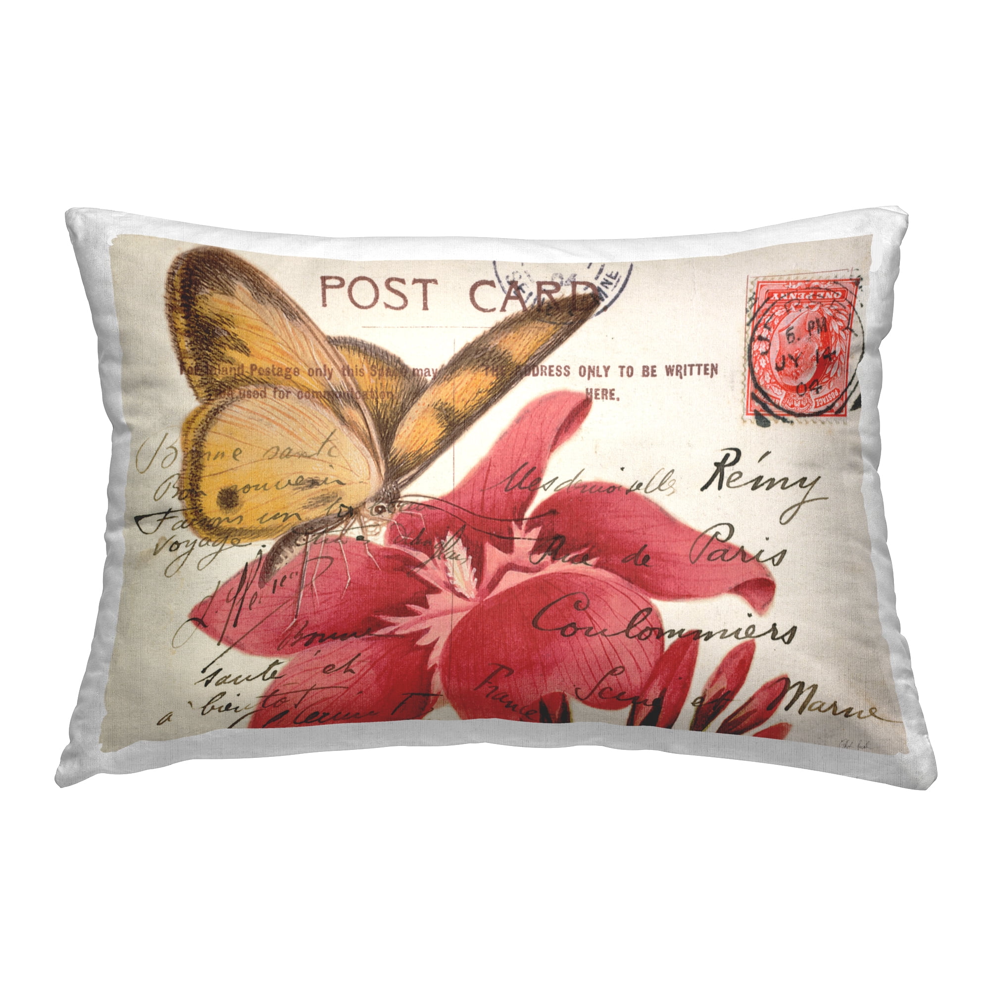 Stupell Industries Antique Postcad & Butterfly Decorative Printed Throw Pillow Design by Deborah Revell.