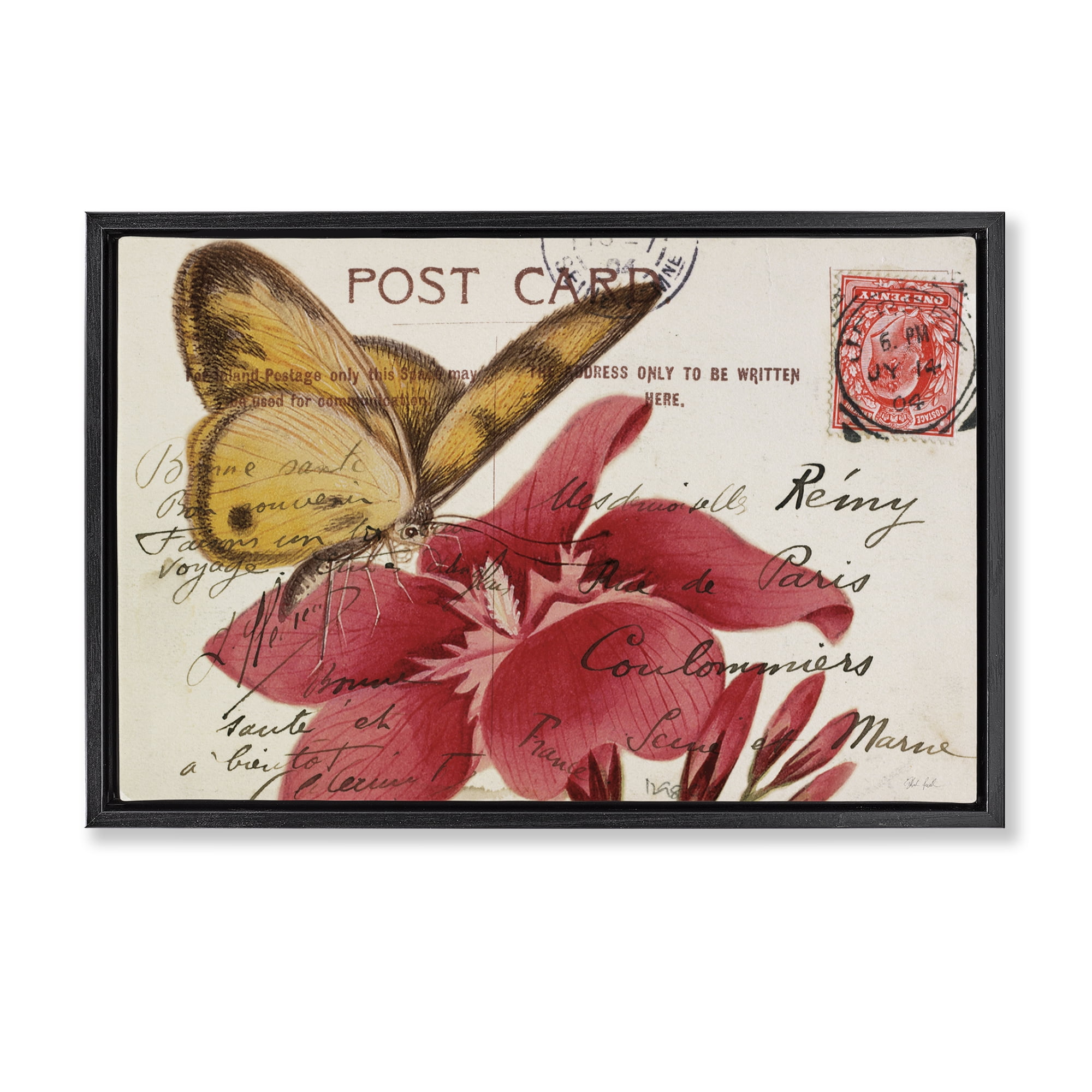 Stupell Industries Antique Postcard & Butterfly Insects Painting Black Floater Framed Canvas Art Print Wall Art, 31 x 21