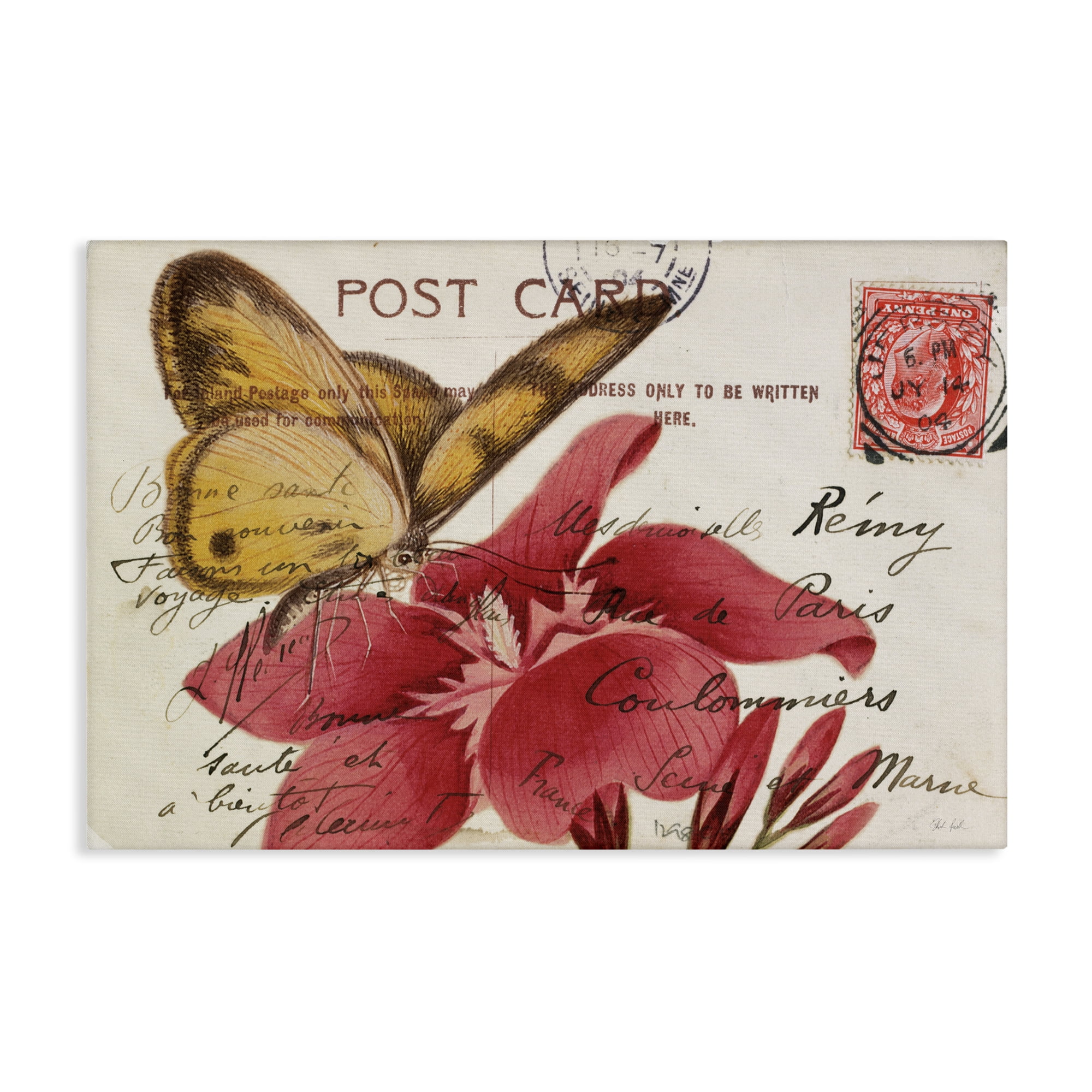 Stupell Industries Antique Postcard & Butterfly Insects Painting Wrapped Canvas Art Print Wall Art, 30 x 20