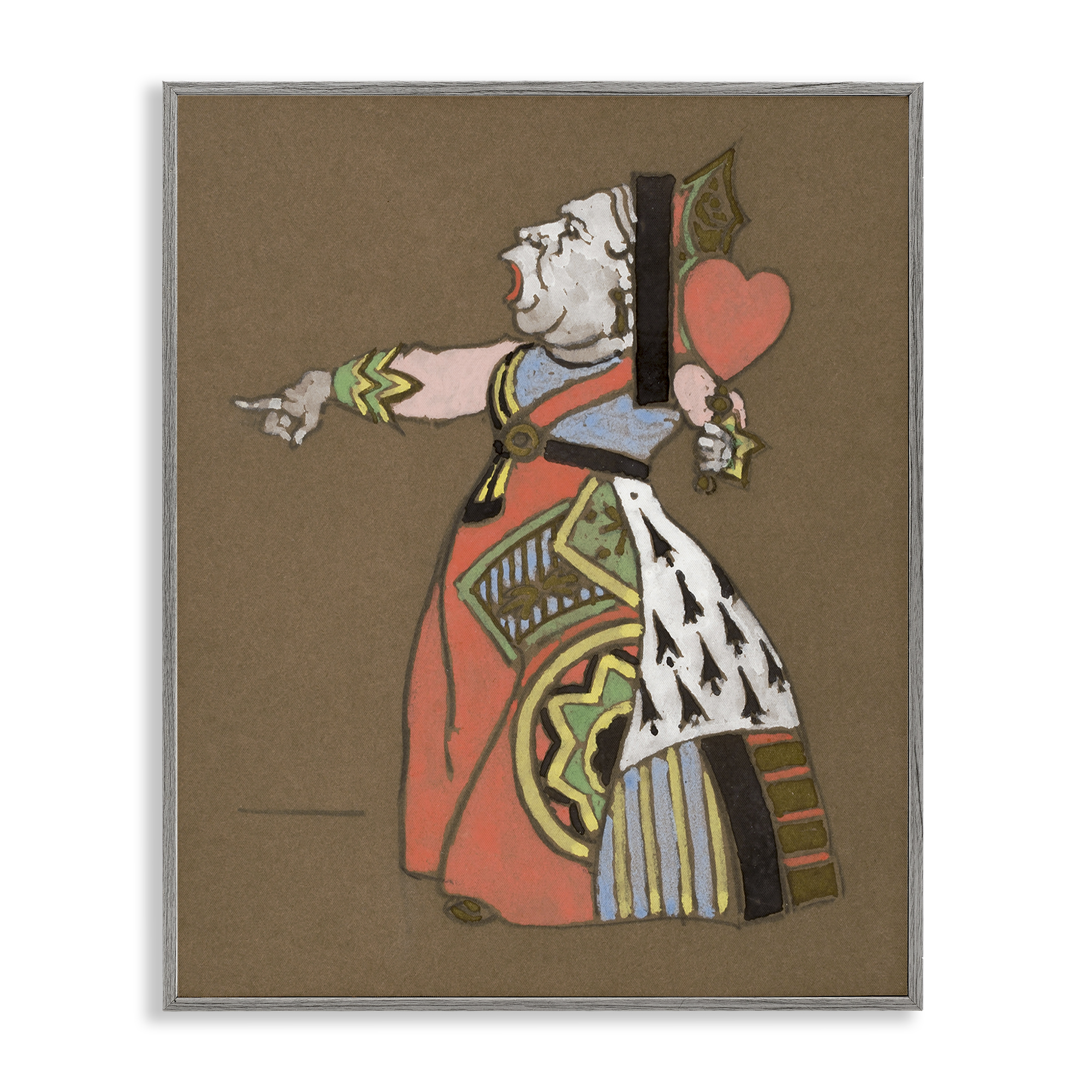 Stupell Industries Antique Queen of Hearts Entertainment Painting Gray Framed Art Print Wall Art, 11 x 14