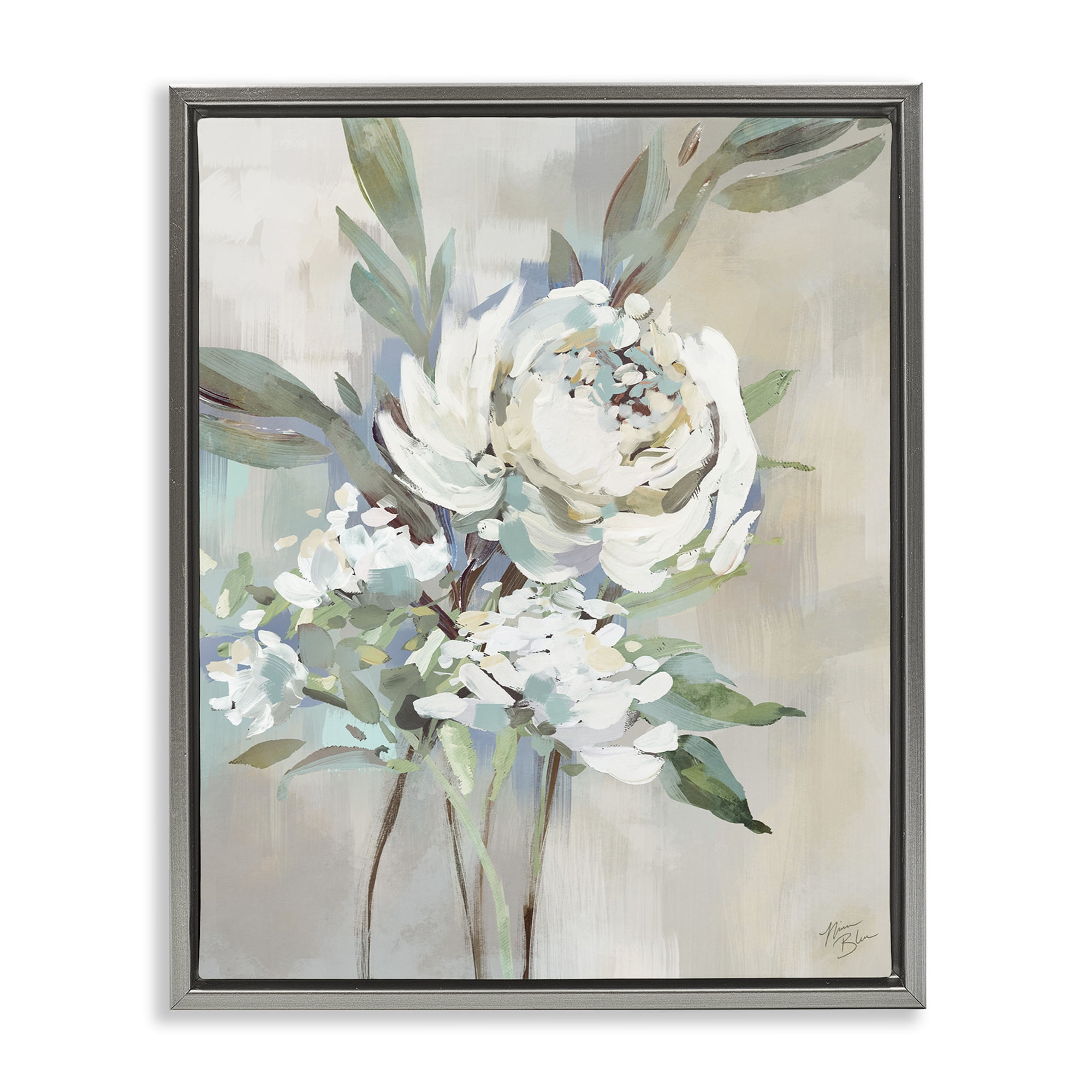 Stupell Industries Antique Rose & Baby's Breath Plants & Flowers Painting Gray Floater Framed Canvas Art Print Wall Art, 17 x 21