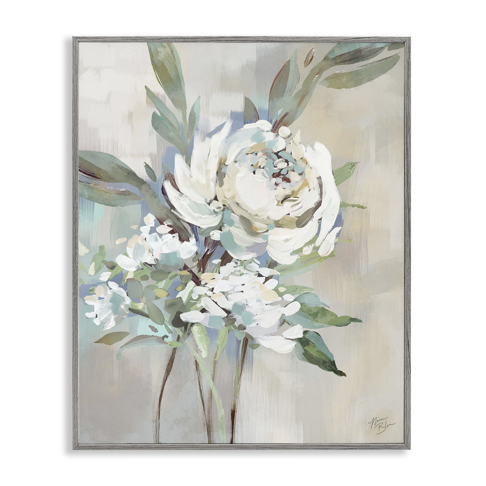 Stupell Industries Antique Rose & Baby's Breath Plants & Flowers Painting Gray Framed Art Print Wall Art, 11 x 14