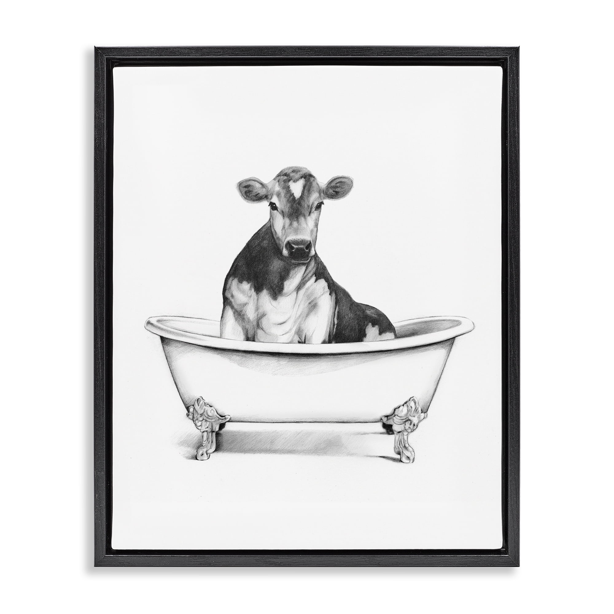Stupell Industries Antique Tub with Cow Bath & Laundry Painting Black Floater Framed Canvas Art Print Wall Art, 25 x 31
