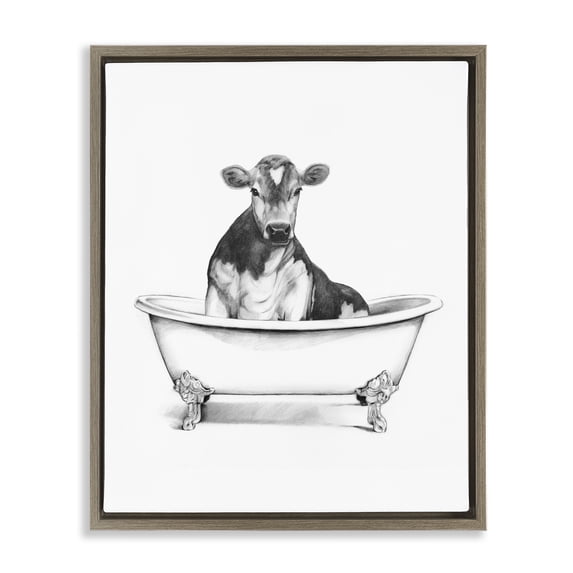 Stupell Industries Antique Tub with Cow Bath & Laundry Painting Brown Floater Framed Canvas Art Print Wall Art, 17 x 21
