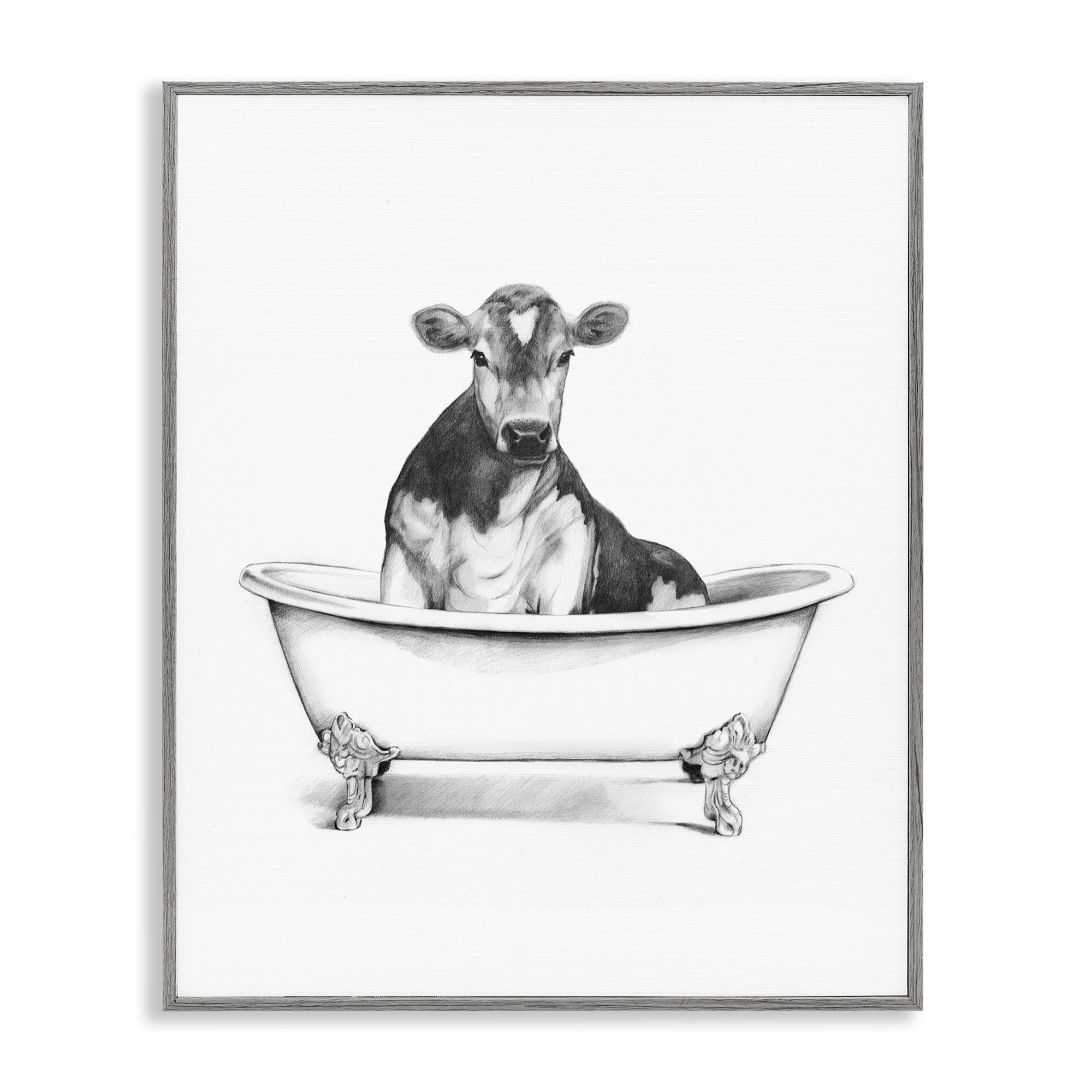 Stupell Industries Antique Tub with Cow Bath & Laundry Painting Gray Framed Art Print Wall Art, 11 x 14