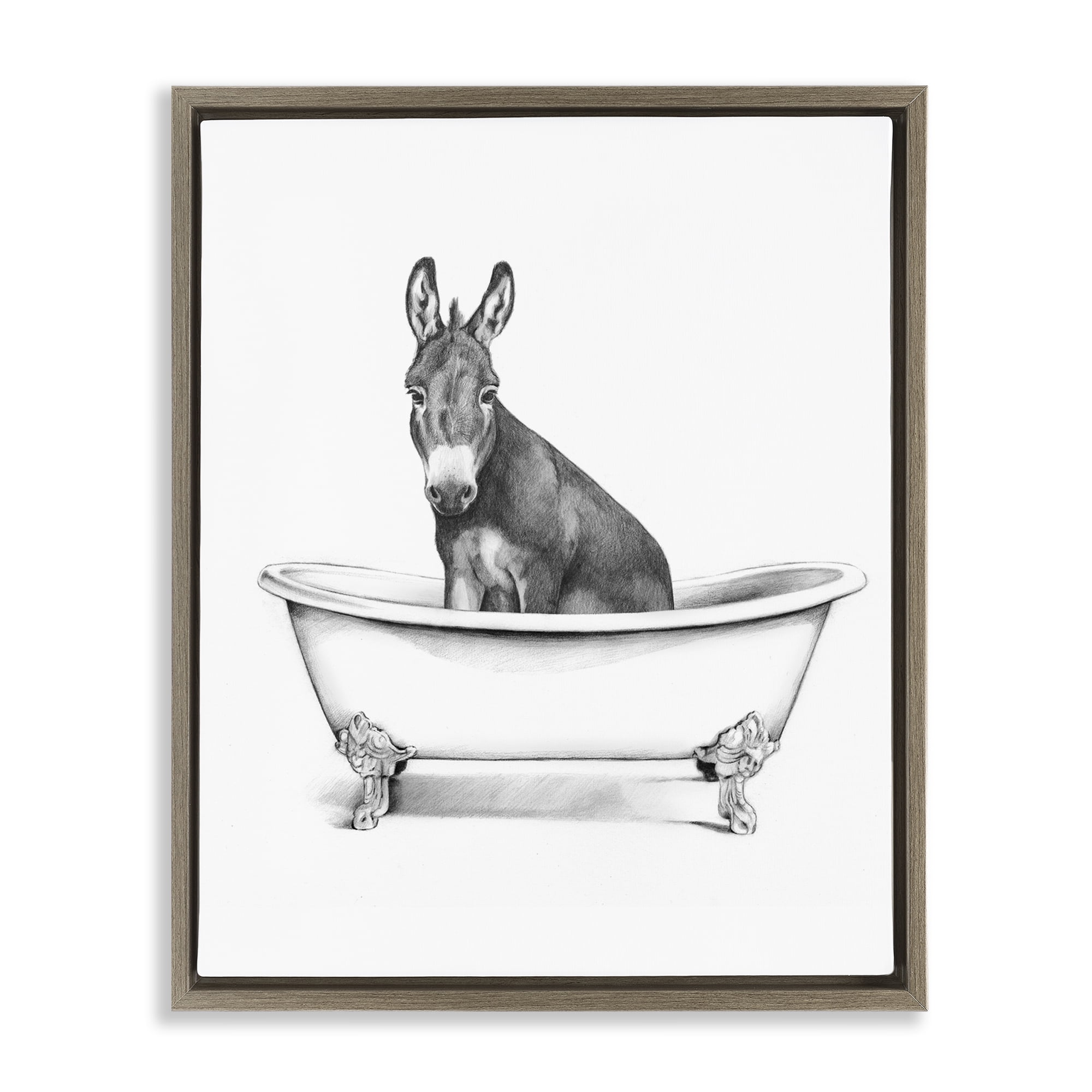 Stupell Industries Antique Tub with Donkey Bath & Laundry Painting Brown Floater Framed Canvas Art Print Wall Art, 17 x 21