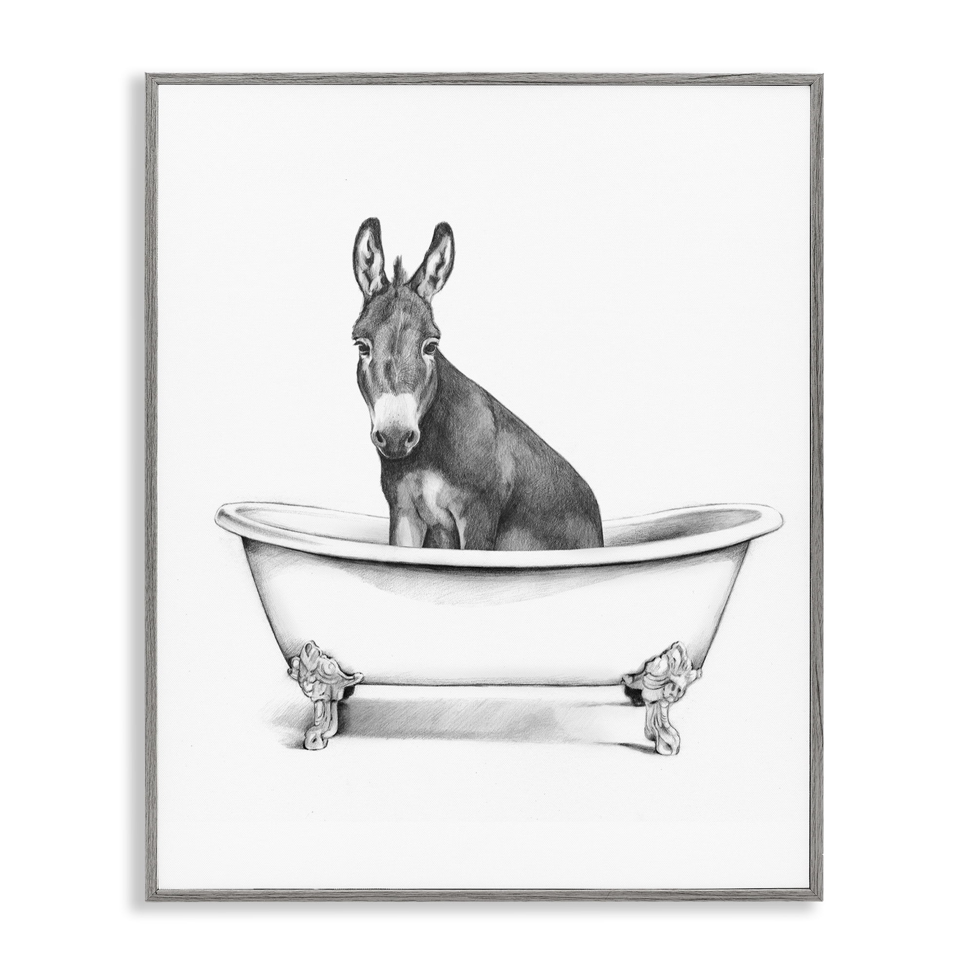 Stupell Industries Antique Tub with Donkey Bath & Laundry Painting Gray Framed Art Print Wall Art, 11 x 14